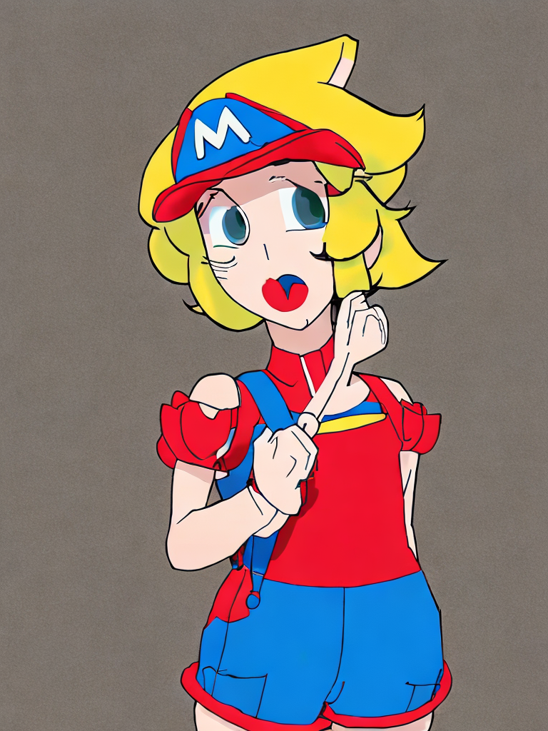This is a playful, anime-style digital artwork of Princess Peach wearing Mario’s classic outfit, putting on a fake mustache to impersonate him. She wears a bright red cap with the iconic “M” logo, a snug red shirt, and a blue denim jumpsuit with straps and buttons, emphasizing her bust and curves in tasteful anime style. Her long blonde hair flows from beneath the cap in soft, shiny anime highlights, framing her playful, mischievous face. Peach holds a small, comical fake mustache to her upper lip, her expression a mix of amusement and slight embarrassment, with a mischievous sparkle in her large, expressive anime eyes. Her posture is playful, leaning slightly forward as she adjusts the mustache, with her hands and fingers delicately detailed. The background is colorful and cartoonish, evoking the cheerful Super Mario world, with floating blocks, coins, and soft motion lines emphasizing her playful movement. Warm, soft lighting highlights her hair, outfit, and facial expression, giving the scene a lively, charming anime vibe.