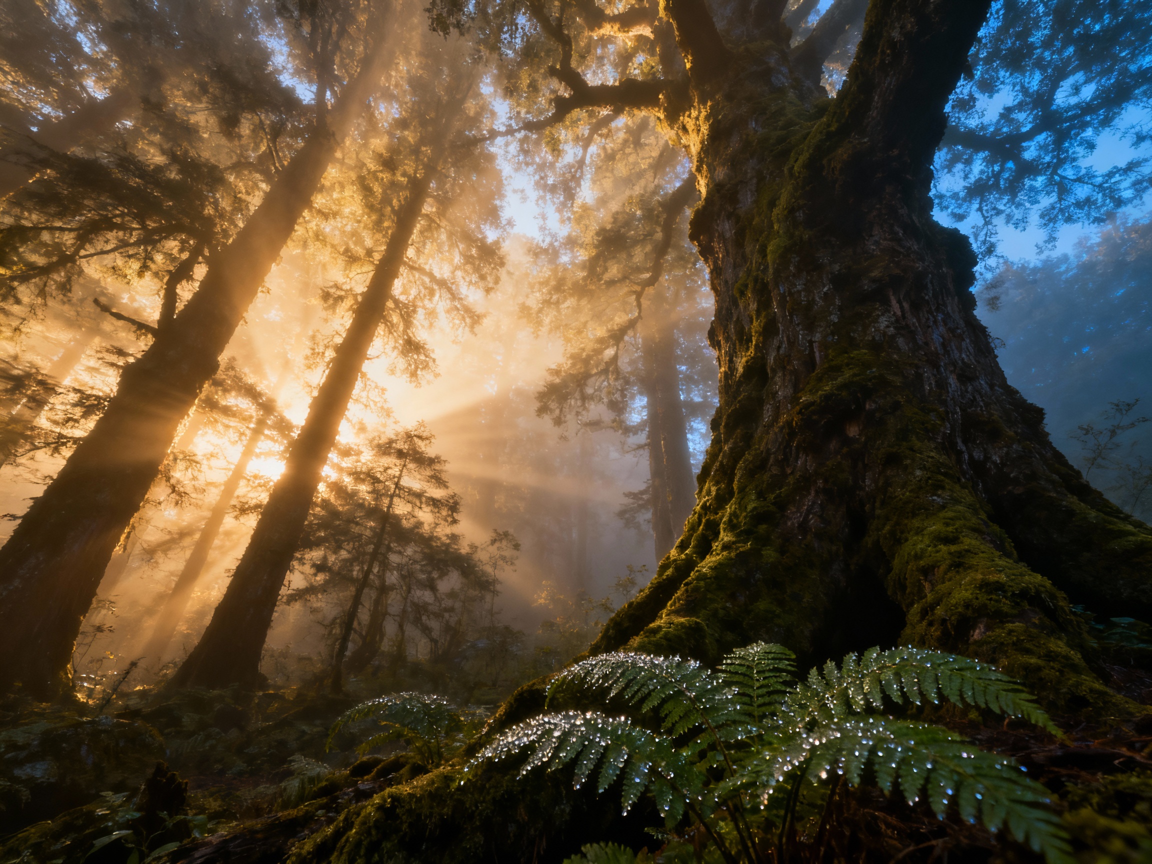 A serene forest at dawn, light rays piercing through mist, moss-covered ancient trees, soft golden light, ultra-realistic, 4K resolution