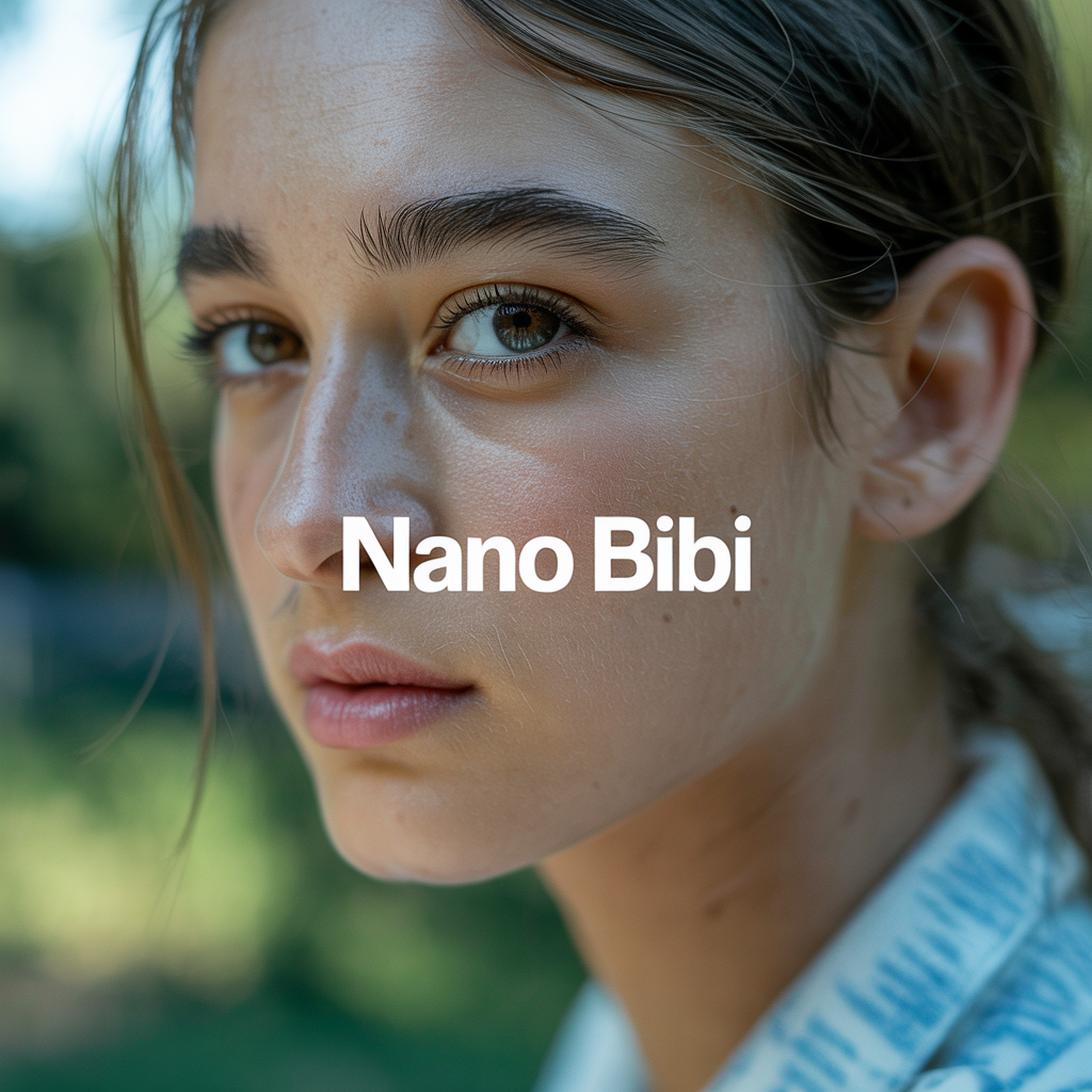 The text "Nano BiBi" in the center middle. A color film-inspired portrait of a young woman with a shallow depth of field that blurs the surrounding elements, drawing attention to the eye. The fine grain and cast suggest a high ISO film stock, while the wide aperture lens creates a pleasing bokeh effect, enhancing the candid and natural documentary style.