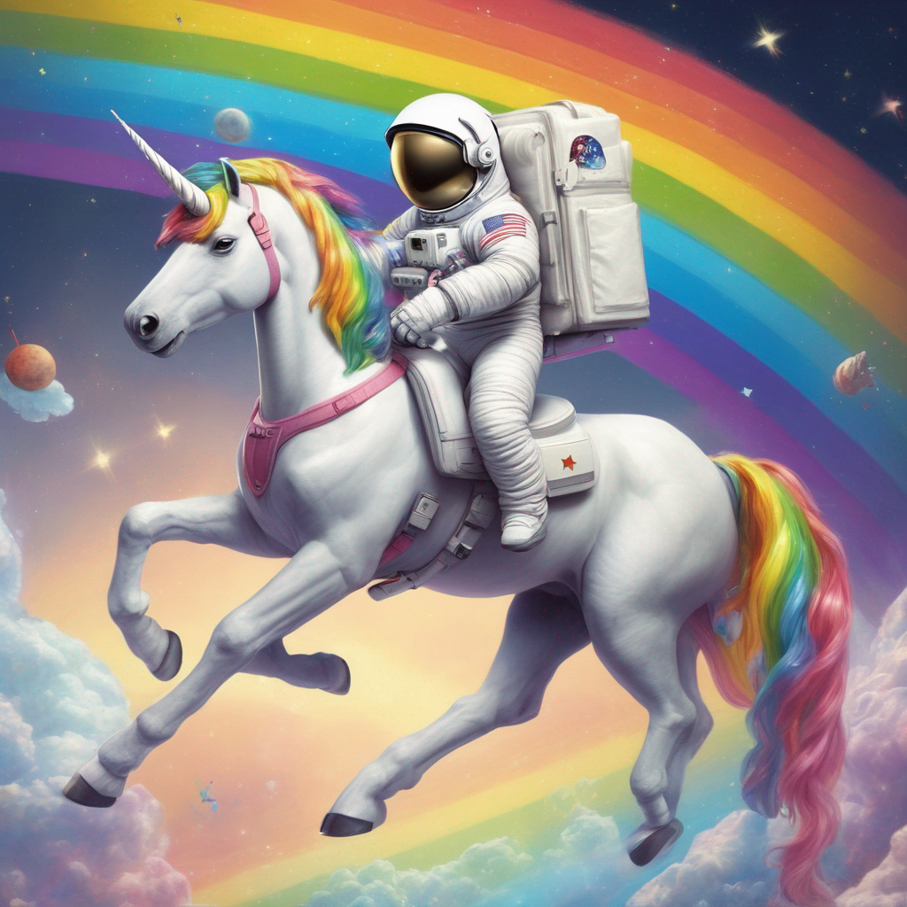 An astronaut riding a rainbow unicorn