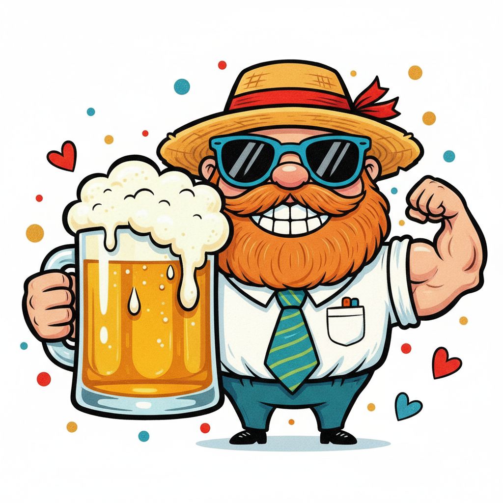 cute caricture glossy, mary engelbreit, full body view, cartoon illustration Create a vivid cartoon-style illustration of a muscular man in a ginger beard and straw hat holding a large, overflowing cup of beer. He wears a white collared shirt and a blue-green tie, as well as blue sunglasses.  The man smiles broadly, his arms bent as he holds the beer mug. The beer itself has a golden amber color with a thick, foamy head that runs over the top of the cup.. Rendering in Native 4K.. oil painting, white background,