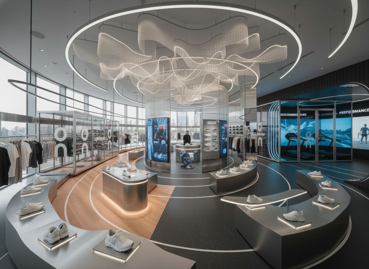 A sophisticated and professional On Running flagship store interior designed under the concept of “Upgrade of Motion.”
The design expresses On Running’s brand philosophy — performance, innovation, and the feeling of running on clouds — by transforming movement itself into a spatial experience.
The layout embodies the process of running as a metaphor for challenge, momentum, and personal evolution.
The store is organized in a circular, track-like flow that encourages customers to move naturally through the space, symbolizing progress and rhythm.
It is divided into three experiential zones:
• Beginner Zone: A warm-toned space introducing new runners to the On Running experience. Includes a 3D foot-size scanning station, entry-level running shoes, and essential gear that motivates the start of one’s journey.
• Intermediate Zone: Defined by a tiled texture and balanced energy, displaying On Running apparel such as running outfits, caps, and mid-range shoes — symbolizing steady rhythm, consistency, and progress.
• Advanced Zone: A refined, cool-toned environment with metallic finishes. Showcases On’s premium shoes and accessories, representing mastery, precision, and peak performance.
All display fixtures are made of reflective metallic materials, arranged around a central circular counter that serves as the core of the space — where key products and brand storytelling meet.
To the right side, a VR running experience zone allows visitors to run on treadmills and explore virtual environments, merging physical movement with digital immersion — echoing On Running’s technological innovation.
The flooring maintains consistency throughout but subtly shifts tone and texture between zones to express the emotional progression of the runner’s journey.
Lighting is soft, directional, and elegant, emphasizing focus and flow. The ceiling features circular light structures and a modern, minimal cloud-shaped sculpture, inspired by On’s signature “CloudTec” sole technology.
The overall atmosphere is modern, futuristic, and immersive — combining sleek metallic finishes, dynamic spatial rhythm, and the spirit of motion.
This environment allows customers to not only shop but to feel the sensation of motion, challenge, and continuous upgrade — the essence of On Running’s “Upgrade of Motion.”