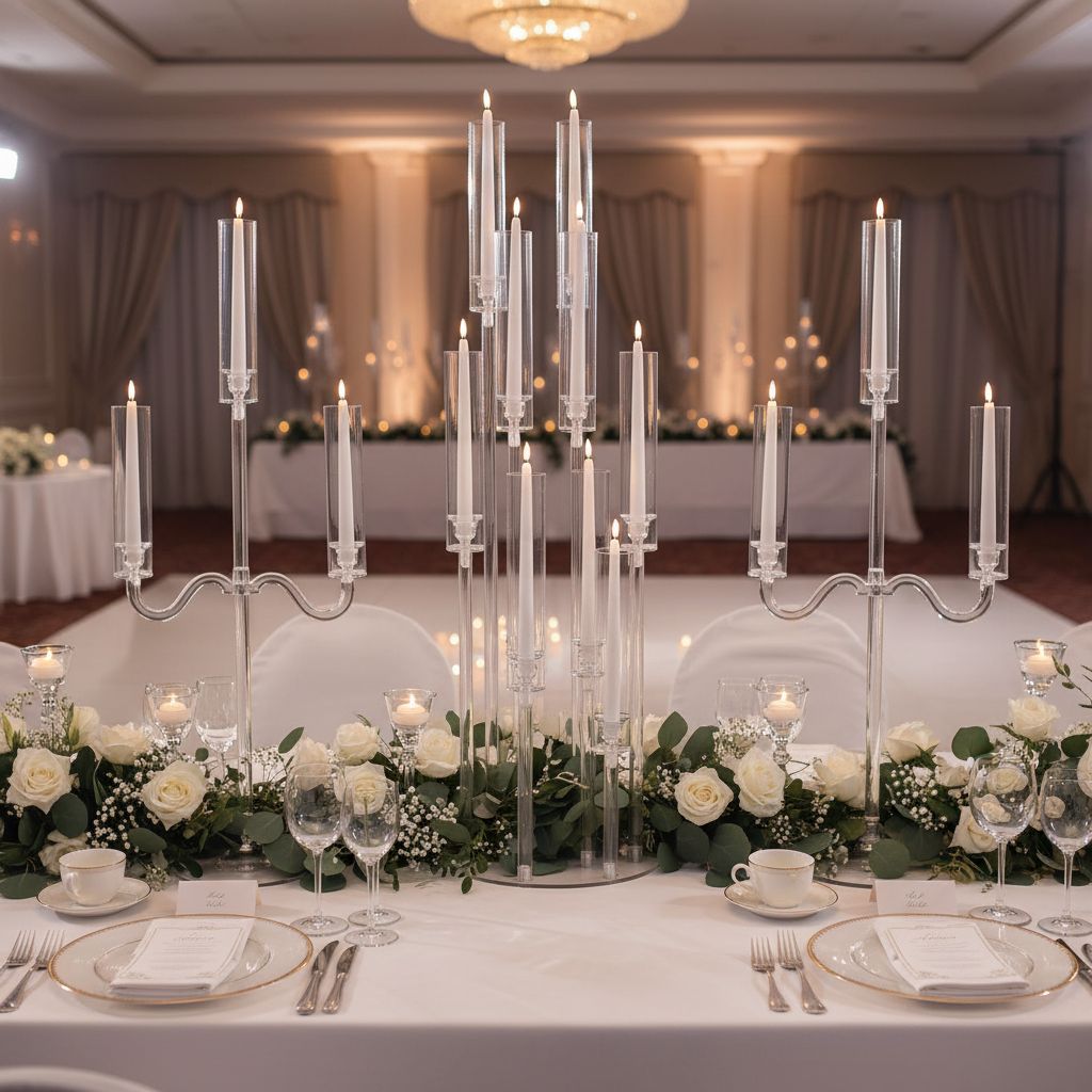 Please place it on the long wedding table and add 2 identical candlesticks on the table.