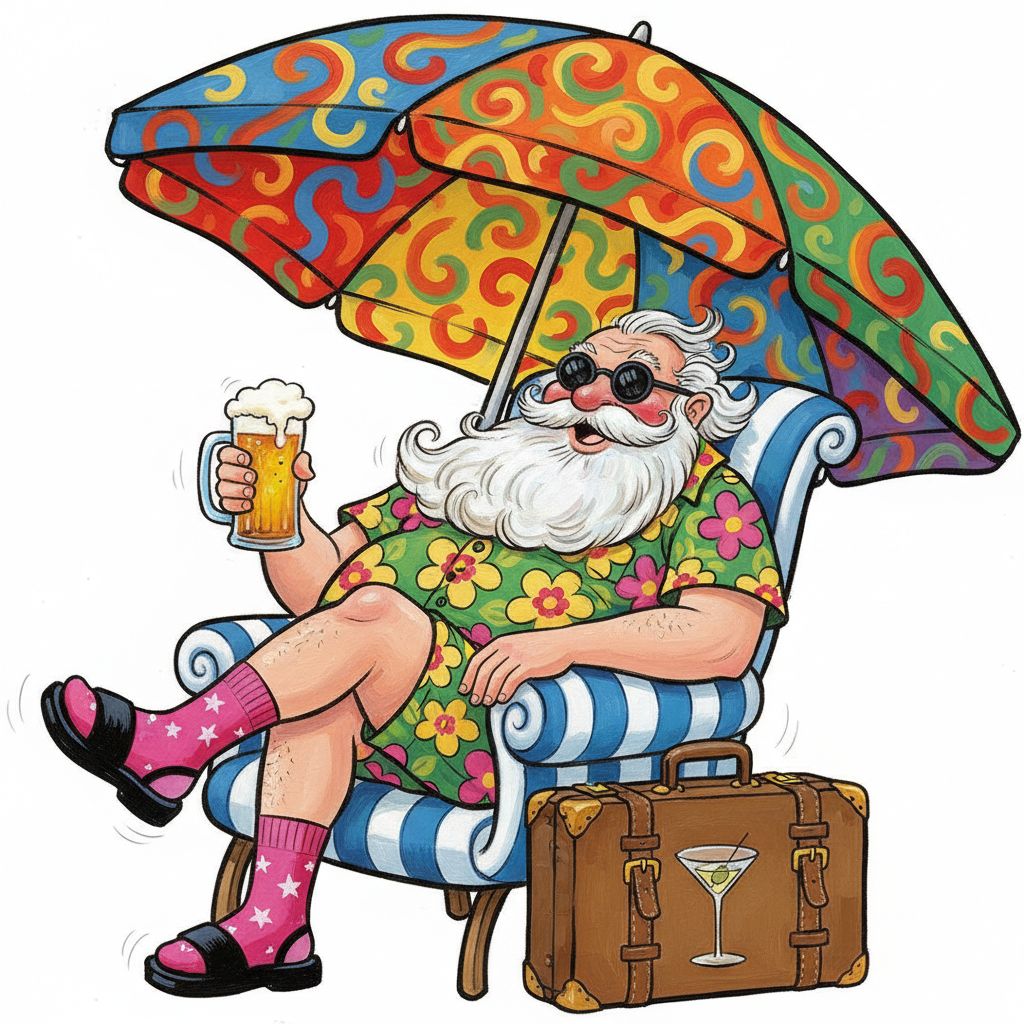 cute caricture glossy, mary engelbreit, Full body older man sits comfortably in a blue and white striped beach chair under a large, colorful parasol. The man has a long, fluffy white beard and wears dark sunglasses, a bright floral shirt in shades of green, yellow and pink, and pink socks with white stars paired with black sandals. He holds a large glass of beer in one hand and exudes a relaxed and cheerful demeanor. Next to him stands a brown vintage-style suitcase with an illustrated cocktail glass on the side. oil painting, white background