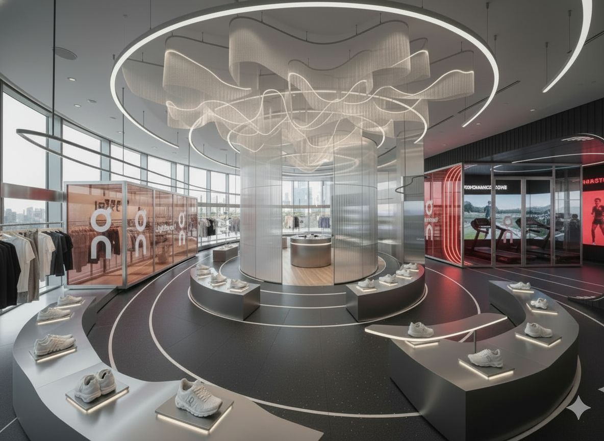 A sophisticated and professional On Running flagship store interior designed under the concept of “Upgrade of Motion.”
The design expresses On Running’s brand philosophy — performance, innovation, and the feeling of running on clouds — by transforming movement itself into a spatial experience.
The layout embodies the process of running as a metaphor for challenge, momentum, and personal evolution.
The store is organized in a circular, track-like flow that encourages customers to move naturally through the space, symbolizing progress and rhythm.
It is divided into three experiential zones:
• Beginner Zone: A warm-toned space introducing new runners to the On Running experience. Includes a 3D foot-size scanning station, entry-level running shoes, and essential gear that motivates the start of one’s journey.
• Intermediate Zone: Defined by a tiled texture and balanced energy, displaying On Running apparel such as running outfits, caps, and mid-range shoes — symbolizing steady rhythm, consistency, and progress.
• Advanced Zone: A refined, cool-toned environment with metallic finishes. Showcases On’s premium shoes and accessories, representing mastery, precision, and peak performance.
All display fixtures are made of reflective metallic materials, arranged around a central circular counter that serves as the core of the space — where key products and brand storytelling meet.
To the right side, a VR running experience zone allows visitors to run on treadmills and explore virtual environments, merging physical movement with digital immersion — echoing On Running’s technological innovation.
The flooring maintains consistency throughout but subtly shifts tone and texture between zones to express the emotional progression of the runner’s journey.
Lighting is soft, directional, and elegant, emphasizing focus and flow. The ceiling features circular light structures and a modern, minimal cloud-shaped sculpture, inspired by On’s signature “CloudTec” sole technology.
The overall atmosphere is modern, futuristic, and immersive — combining sleek metallic finishes, dynamic spatial rhythm, and the spirit of motion.
This environment allows customers to not only shop but to feel the sensation of motion, challenge, and continuous upgrade — the essence of On Running’s “Upgrade of Motion.”