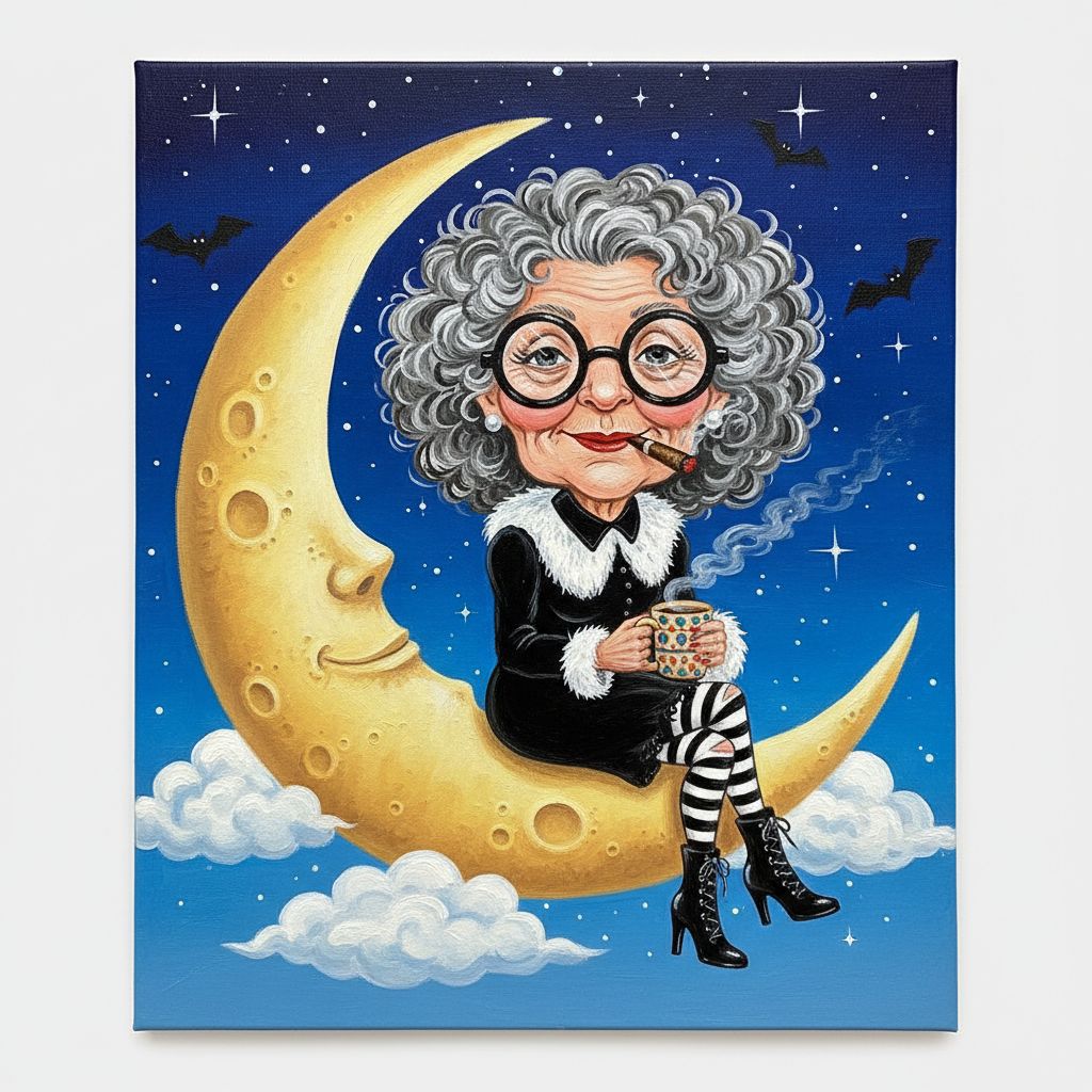 cute caricature glossy acrylic oil, mary engelbreit, full body view, older woman with voluminous, curly gray hair sitting on a large crescent moon. She wears oversized round glasses, a black collar and a black dress with white fur trim. She has a relaxed expression with a slight smile, holding a steaming cup in one hand and a lit cigar in her mouth. She also wears ripped striped tights in black and white and black lace-up boots with high heels. The Moon has a textured, crater-like surface, and small clouds are found at the base of the Moon. In the background you can see a few flying bats and a starry night sky. oil painting, white background