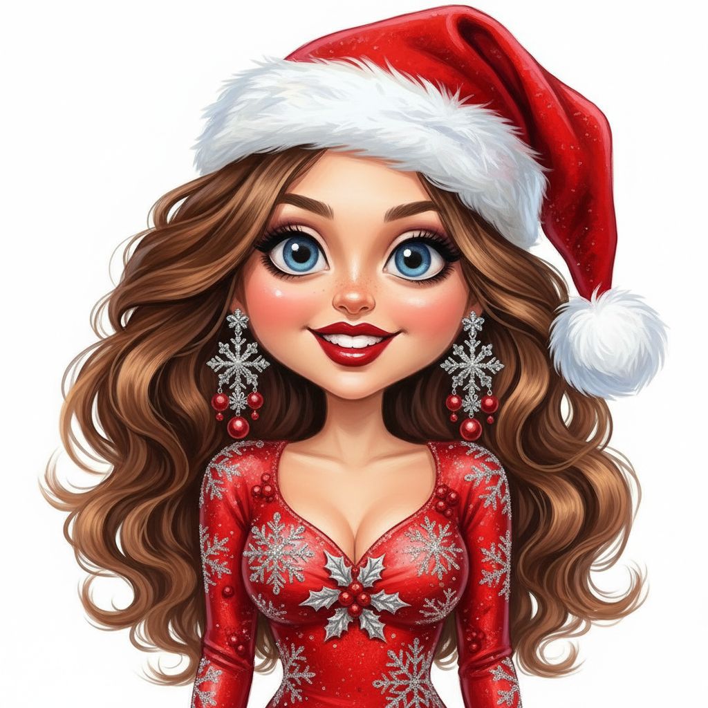 cute caricature young woman with long, flowing, wavy brown hair and striking blue eyes. She wears a festive red Santa hat with fluffy white trim and a pompom. Her makeup is glamorous, with bold red lipstick and subtle eye makeup. She wears elegant red earrings with dangling red pearls and silver accents to match her Christmas-style dress. The dress is figure-hugging and bright red and decorated with elaborate silver and red ornaments, which on snowflakes, holly berries with some glittering accents oil painting, white background