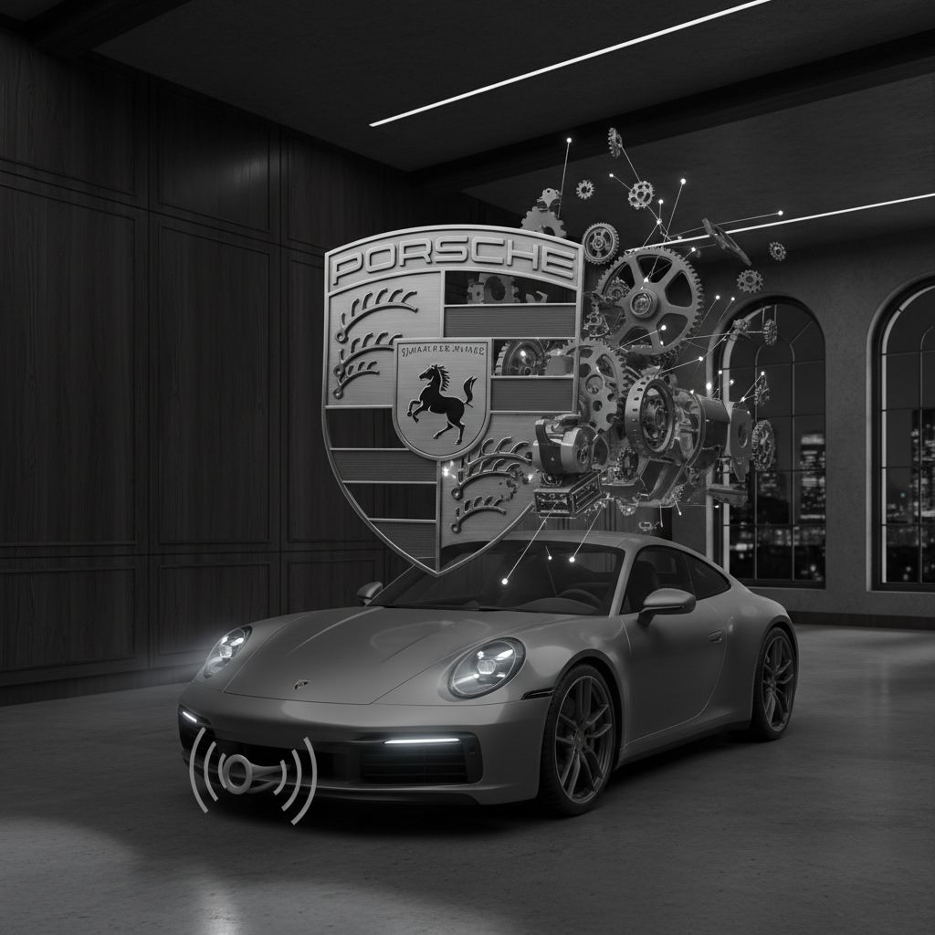 Create a Porsche logo getting turned into a Porsche 911, the transformation will look like the car pieces are getting built together, and the color is grey. It's getting built in a dark, luxurious room. After the transformation, the car headlights turn on. and beeps the horn two times.