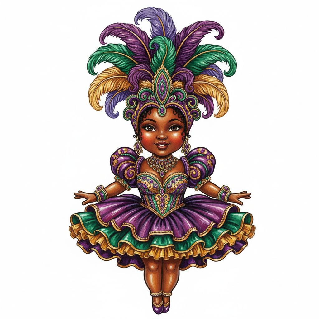 cute caricture glossy, mary engelbreit,black woman in a colorful carnival costume. The costume consists of a short, voluminous skirt with several layers of ruffles in shades of purple, green and gold. The top is elaborately decorated with beadwork, sequins and gold trim as well as elaborate shoulder pieces. A dramatic headdress of large feathers in purple, green and gold crowns her head and complements elaborate jewelry. Your skin has a rich, luminous glow.Rendering in Native 4K.. oil painting, white background,