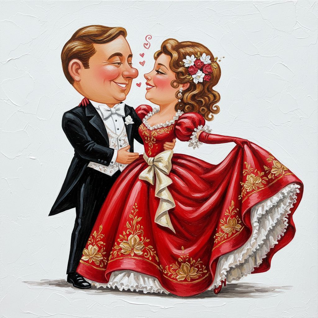 cute caricature glossy acrylic oil, mary engelbreit, full body view, cute caricature glossy acrylic oil, mary engelbreit, full body view, a well-dressed couple dancing tight. The man wears a classic black tuxedo with a white shirt, white vest and bow tie. The woman wears an elaborate, voluminous red ball gown with floral embroidery and ruffles, and a large bow at the waist. Her hair is styled in soft vintage curls with floral decorations. The couple performs a passionate dance in which the woman elegantly stretches out her dress as they look into each other's eyes.oil painting, white background oil painting, white background