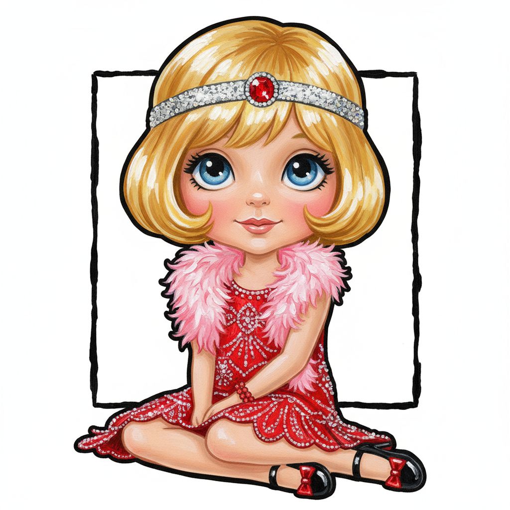 cute caricature glossy acrylic oil, mary engelbreit, full body view,charming cartoon-style illustration of a young girl inspired by the Roaring Twenties. She has a short, stylish blonde bob haircut and large, expressive blue eyes. The girl sits cross-legged on a solid black background and wears a bright red flapper dress decorated with intricate beadwork and sequins that capture the light. Her outfit is complemented by a luxurious pink feather boa draped over her shoulders. She wears a sparkling headband with a striking red gemstone and matching accessories: a bracelet on one wrist and elegant black shoes with red accents.. oil painting, white background