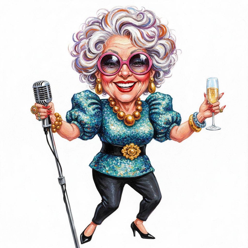 cute caricature glossy acrylic oil, mary engelbreit, full body view, cheerful older woman with voluminous, curly white hair, accentuated with a hint of purple and orange. She wears oversized sunglasses with pink frames and reflective lenses, a radiant smile and eye-catching makeup. Her outfit consists of a shimmering, iridescent blue-green sequined top with puff sleeves, a striking necklace made of large amber and gold beads, and a black belt with a large gold buckle. In one hand she holds a vintage-style microphone and in the other a champagne flute filled with sparkling wine, both hands decorated with chunky bracelets and rings. Her pose is dynamic and expressive, in the middle of the celebration, with a confident, joyful expression.. Rendering in Native 4K. oil painting, white background