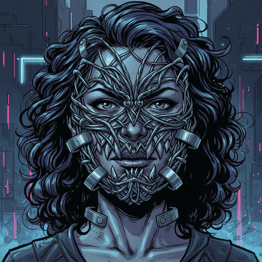a woman wears a mask that has wire wrapped, rebecca sugar, clamp, douglas smith, restrained forms, edgy caricatures, shiny/glossy --ar 4:5 --s 850 --v 6.0