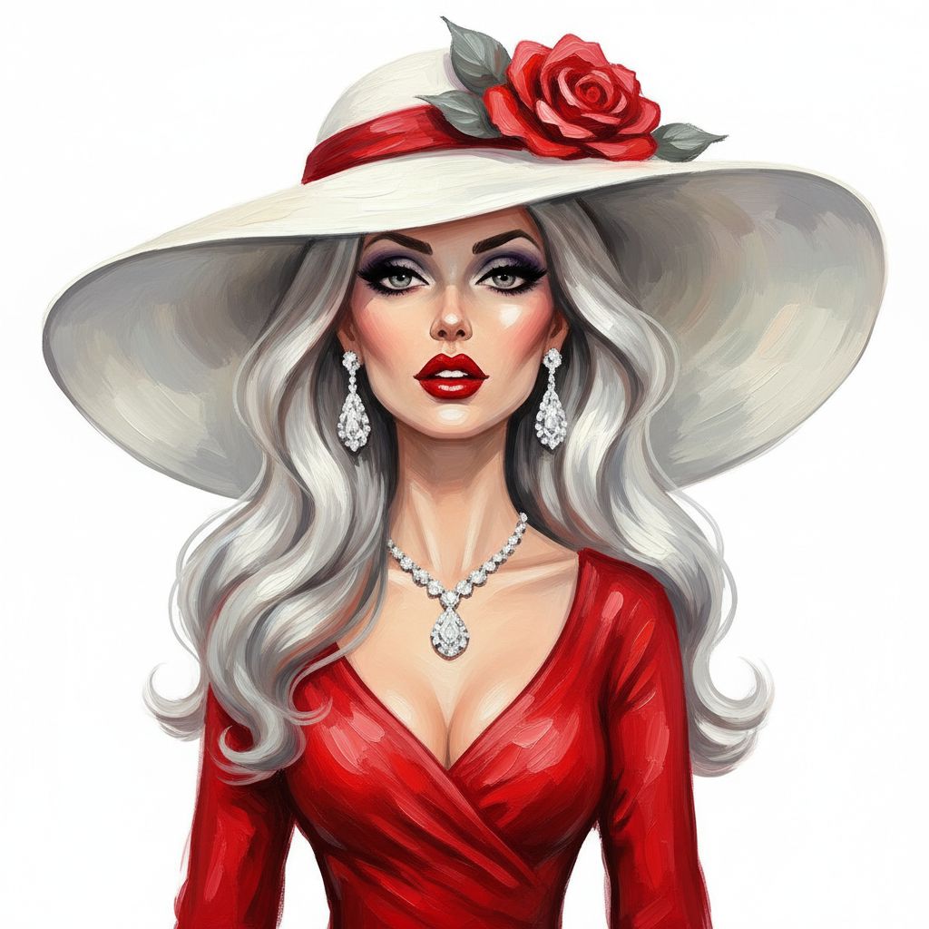 cute caricature glamorous woman with striking makeup and elegant jewelry. She has long, wavy, silver-gray hair. Her makeup consists of bold red lipstick, dark smoky eyeshadow, thick eyeliner, and defined eyebrows. She wears large, sparkling diamond earrings and a matching diamond necklace. She has pale skin. She wears an elegant red dress. She wears an oversized, wide-brimmed white hat decorated with a large, bright red rose and some gray leaves.  oil painting, white background