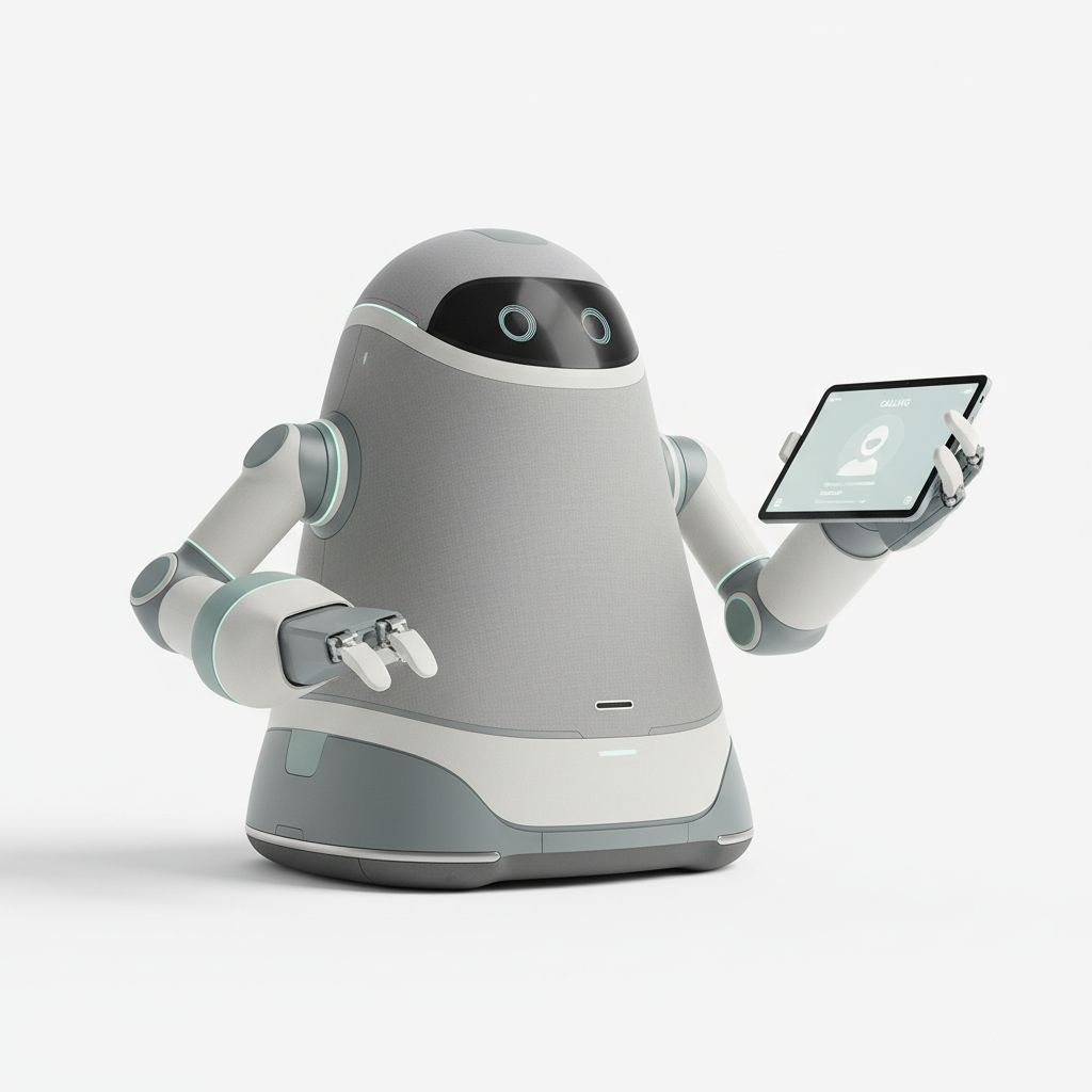 主体是家庭陪伴机器人；外观上圆润造型，模块化机械臂，手持平板交互，低重心移动底盘，柔和莫兰迪色系（灰白主调）；材质质感是亲肤织物表面，哑光塑料材质，科技感与温暖感结合；功能场景含视频通话（屏幕显示 calling 界面、人物头像），家庭智能助手，多模态交互；风格氛围上极简工业设计，纯白背景，产品渲染图，未来感家居科技；