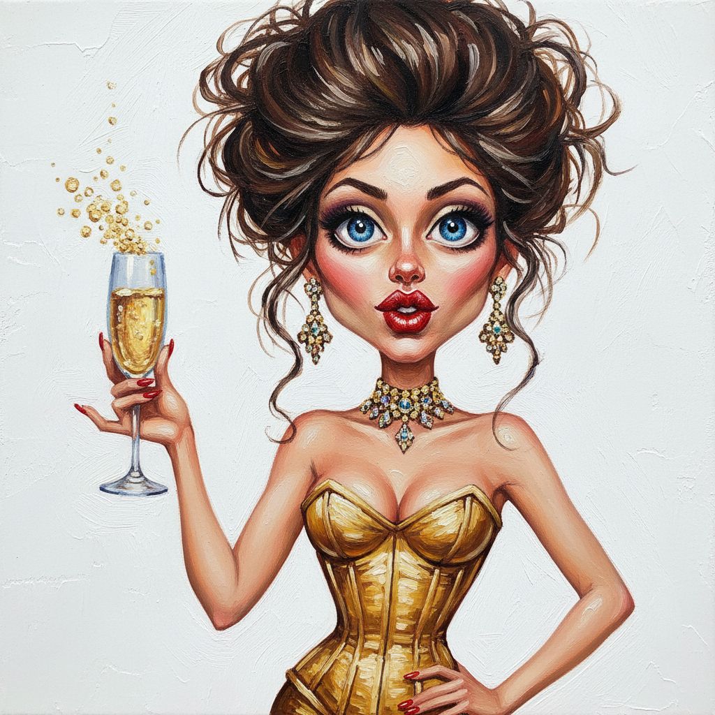 funny caricature young woman with striking blue eyes and full red lips, wearing a metallic gold corset dress that accentuates her slim waist. She wears a necklace with a collar and earrings that match her outfit. Her dark brown hair is decorated with a messy, voluminous updo, the face framed by loose strands. In her right hand she holds a champagne flute full of sparkling golden champagne...oil painting, white background