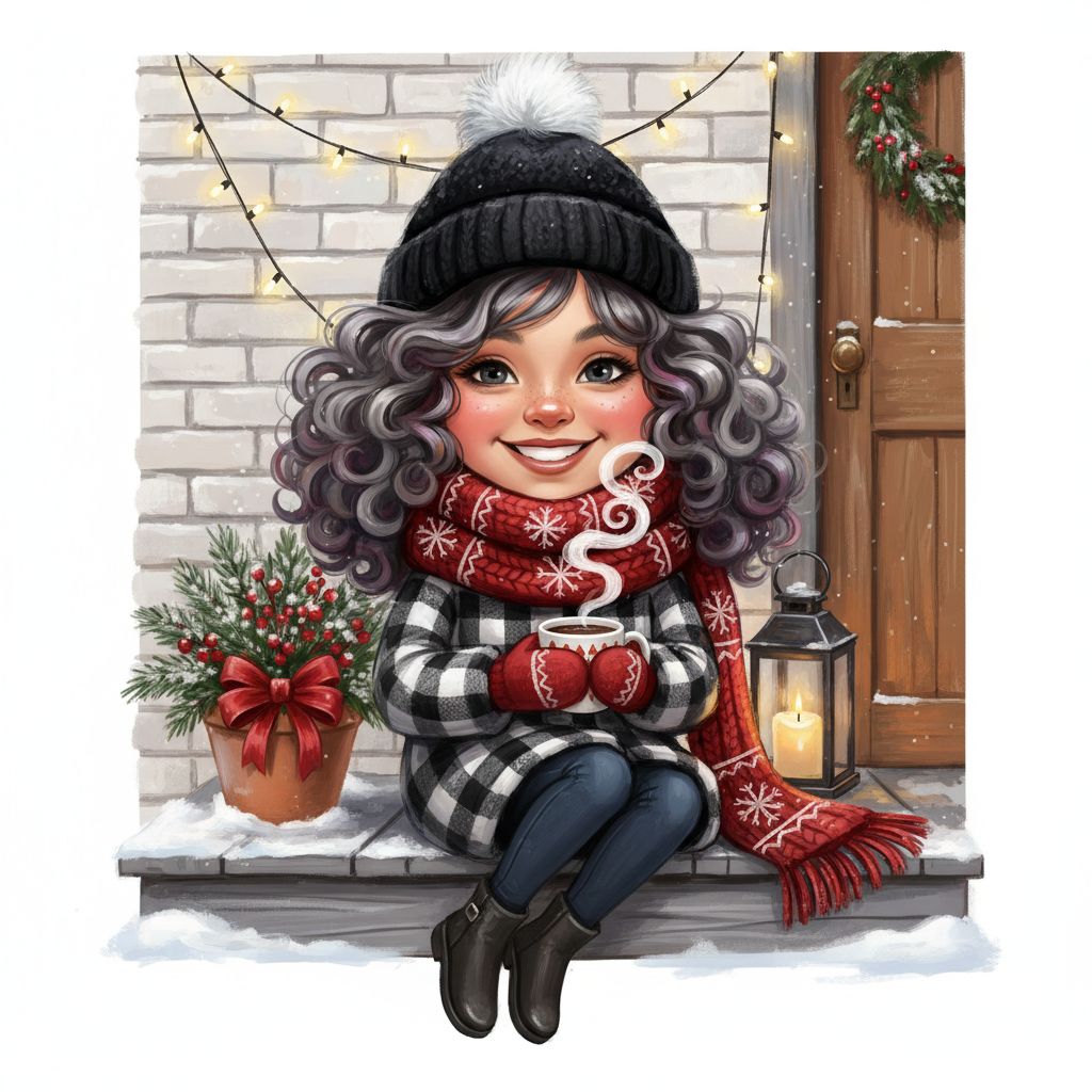 cute caricature Winter scene with a cheerful young girl sitting on a snowy porch. She has voluminous, curly hair in shades of gray and purple and wears a cozy black and white checked coat. The girl is wrapped in a large knitted scarf and a black hat with a pompom. She holds a steaming cup of hot chocolate, from which scraps of steam rise into the cold air. In the background, a white brick wall is decorated with soft, luminous fairy lights and a candle flickering next to the door. At her side, a festive flowerpot with red berries and a bow adds a splash of color.oil painting, white background