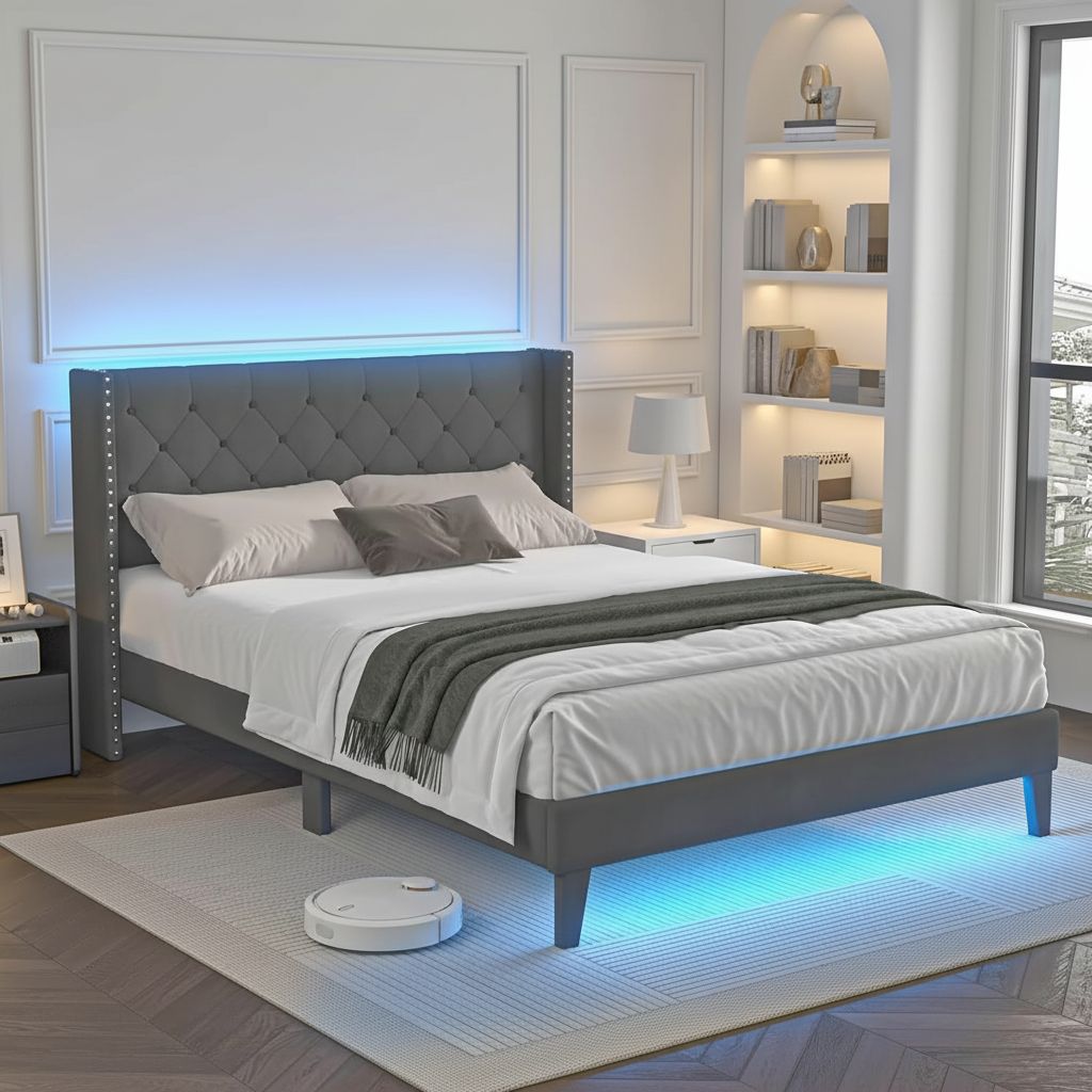 Replace the scene [with a new bedroom background], while {strictly preserving the original bed product in its exact detail and all the original text content}. The new scene's style must closely match the original image's aesthetic. The text layout and font can be adjusted to fit the new composition.