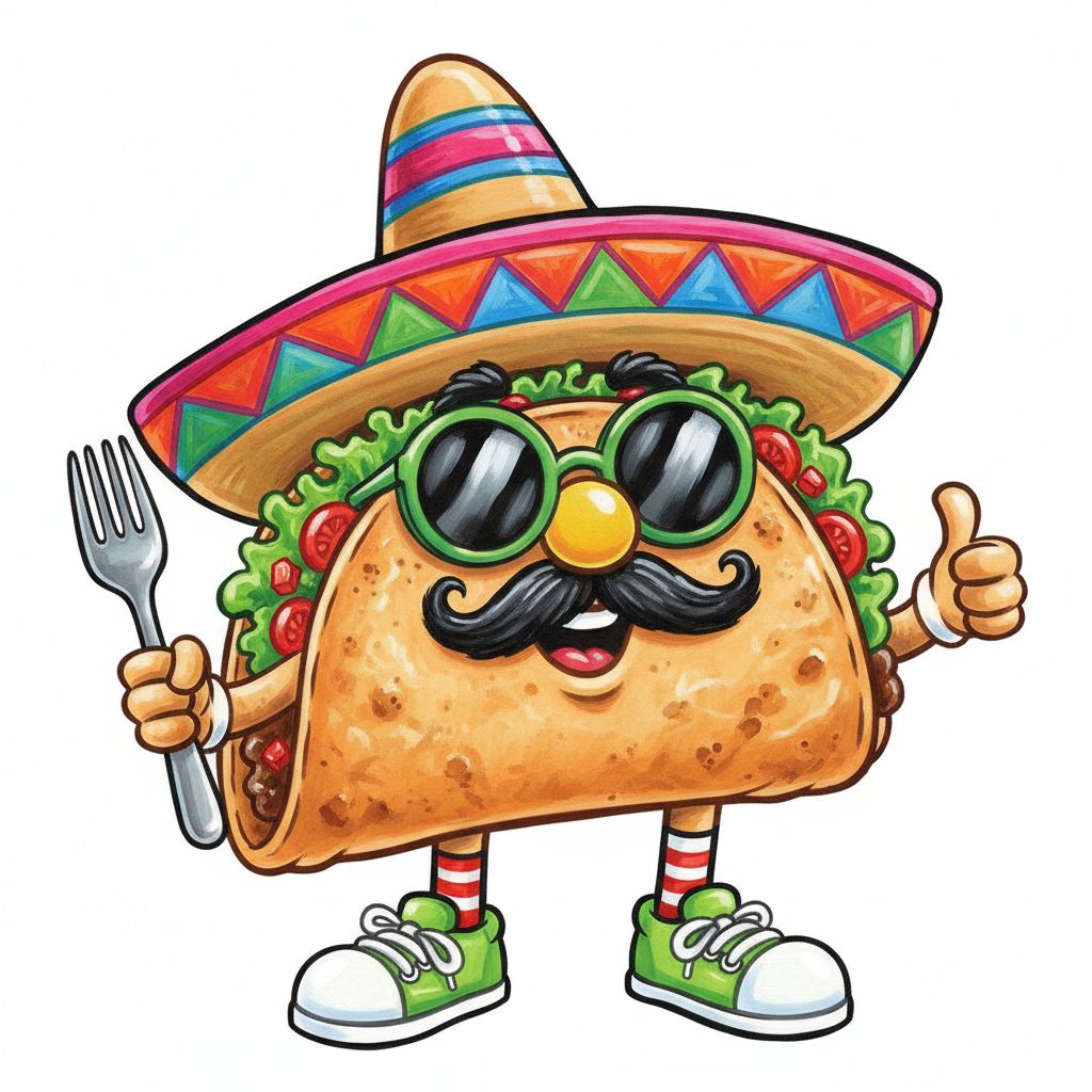 cute caricature glossy acrylic oil, mary engelbreit, full body view, Create a cartoon-style image of a smiling taco figure wearing a large, colorful sombrero and green sunglasses, holding a fork in his left hand and a thumbs-up with his right. The taco is filled with lettuce and diced tomatoes and has a distinctive black mustache and yellow nose. It wears red and white striped socks and green sneakers.Rendering in Native 4K. ,oil painting, white background