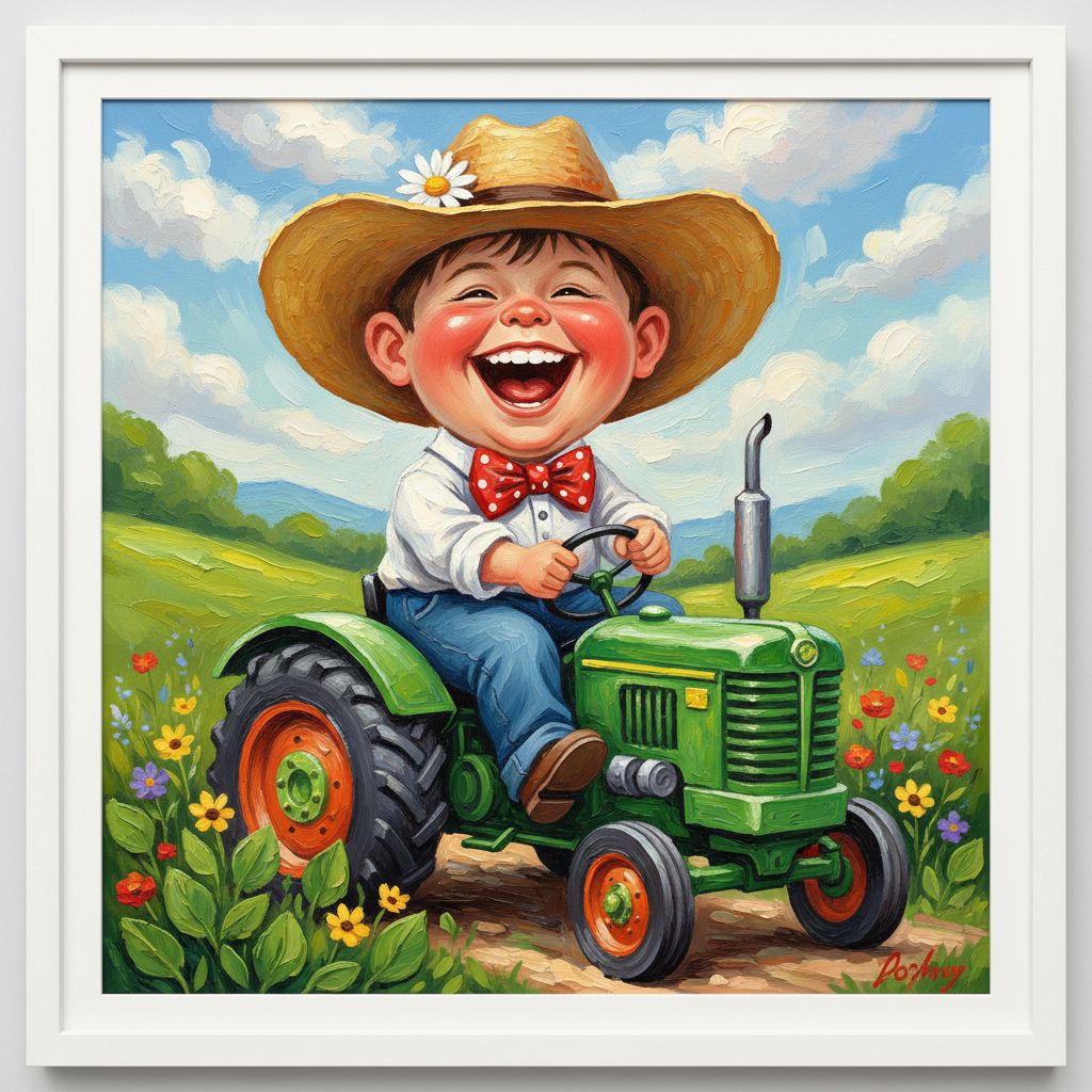 cute caricature A cheerful young boy with a big smile, wearing a large straw cowboy hat decorated with a small flower, a white shirt with rolled-up sleeves, a red polka-dot bow tie, and blue jeans. He is sitting happily on a bright green tractor with orange wheels, holding the steering wheel. The tractor is detailed with realistic textures and mechanical parts. The scene features lush green plants and small flowers around the tractor, with a dirt path beneath.   oil painting, white 