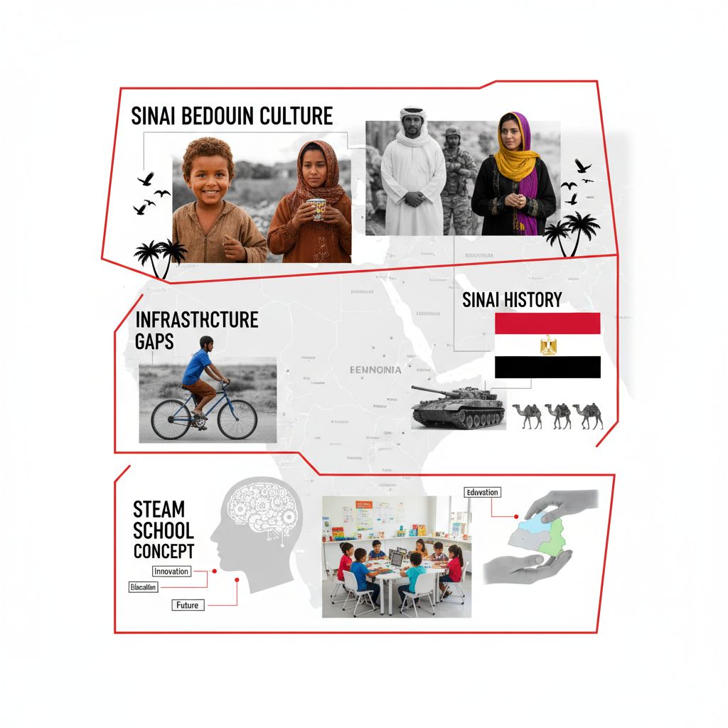 "A modern, professional educational infographic. Aspect Ratio: 16:9. Clean white background (#FFFFFF). The main structure is defined by bold, irregular geometric red outlines (#FF0000) for sections. A light grey (#D3D3D3) map of the Sinai Peninsula with dark grey (#666666) borders and place names serves as a subtle background, with soft, blurred edges. Elements within the infographic: Titles & Text: Black (#000000) sans-serif typography (e.g., Helvetica Neue, Montserrat), with main titles in bold, descriptions in regular weight. Top Section (Sinai Bedouin Culture): A collage of black and white photographs with selective color. Includes: A Bedouin child (#CC8844 skin/clothing tones). A woman holding a cup (#A0522D clothing/cup). A man in white traditional dress. A woman with a colorful headscarf (#FFD700, #A020F0). A soldier in camouflage. Black (#000000) silhouettes of flying birds and palm trees. Middle Right Section (Sinai History): A vibrant Egyptian flag (Red #CE1126, White #FFFFFF, Black #000000, Golden Eagle #E4A700). A black and white photograph of a military tank. Black and white photo of a camel caravan. Middle Left Section (Infrastructure Gaps): A black and white photograph of a person riding a bicycle (with minor selective color on clothing). Bottom Section (STEAM School Concept): A black and white profile illustration of a human head, with white/light grey (#EEEEEE) circuit board and gear patterns overlaid on the brain area. A color photograph of diverse children learning in a modern classroom setting. A black and white photograph of a hand gently holding the Sinai map, with the map area under the fingers selectively colored (#ADD8E6, #90EE90) to represent hope and future. Overall aesthetic: Modern, informative, clean, with a balanced blend of photography and graphic design. Thin connecting lines in grey or red link text boxes to relevant visual elements. High detail, professional finish."