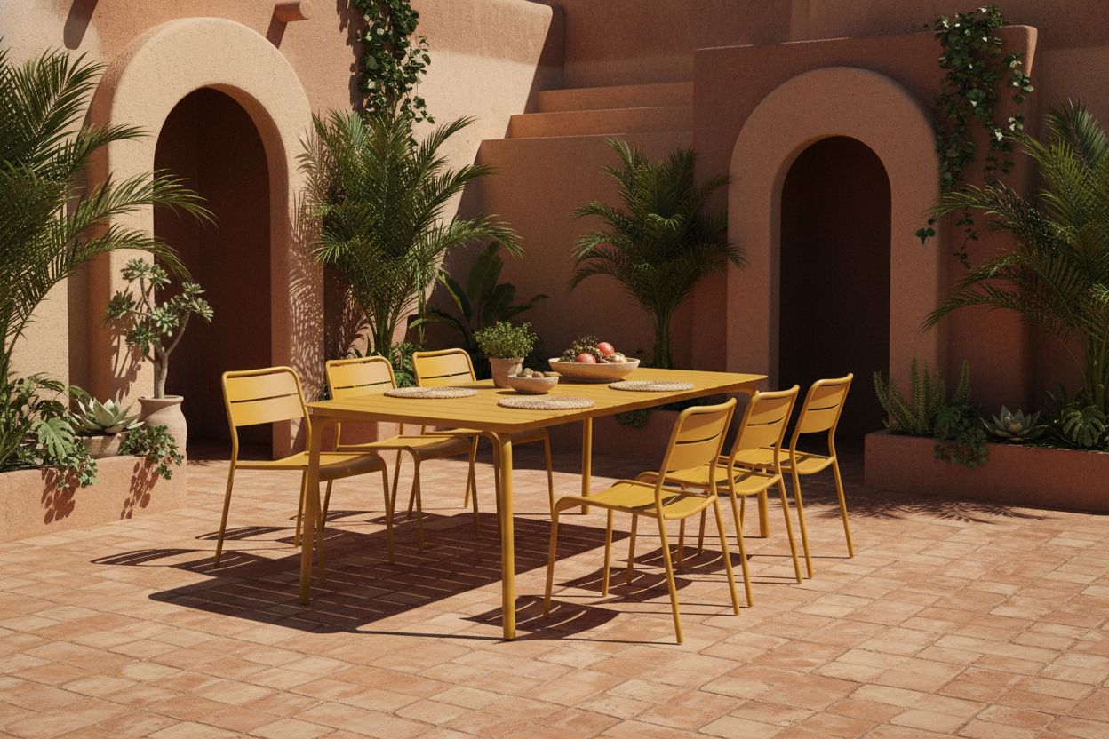将图片放置我描述的场景里艺术风格：自然、有机的北非/地中海风格，强调使用天然材料和有机形态
构图：以中央的餐桌椅组合为视觉焦点，背景是几何感的土质建筑与垂直生长的植物，形成自然与人工的和谐对比
光线：明亮的自然光，充足的光线在地面和物体上投射清晰阴影，增强了场景的立体感和纹理细节
色彩：温暖的大地色系，包括赤陶色、沙色、米色和天然木色，深绿色植物形成和谐对比
整体氛围：宁静、舒适、回归自然，营造出一种放松且精致的户外用餐氛围