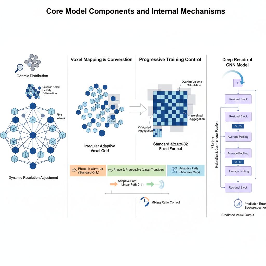 你现在是一名经验丰富的科研绘图设计师，请结合我发你的模型内容生成的对应的biorender风格的可用于科研发表的机制图（长宽比16:9，背景白色），输出2张图片给我。 研究内容：
### 核心模型组件
密度感知自适应体素化模型 采用八叉树结构和高斯核密度估计，根据原子分布密度动态调整体素分辨率。在原子密集区域生成精细体素，稀疏区域使用粗糙体素，实现计算效率与表示精度的平衡。

体素映射转换模型 将不规则自适应体素网格转换为标准32×32×32固定格式。通过重叠体积计算和加权聚合保持特征完整性，确保与CNN架构兼容。

渐进式训练控制模型 管理训练过程中标准方法与自适应方法的混合比例。分三阶段：预热期纯标准方法、渐进期线性过渡、成熟期纯自适应方法，保证训练稳定性。

深度残差CNN模型 七层残差块架构，采用加法融合和拼接融合两种策略。通过三层平均池化逐步提取抽象特征，最终输出形成能预测值。

### 模型连接方式
串行数据流 ：原子结构 → 自适应体素化 → 体素映射 → CNN预测

训练时并行连接 ：渐进式控制模型同时调用标准和自适应路径，按权重混合输出

端到端反馈优化 ：预测误差通过反向传播优化整个系统参数，实现协同学习

这种多模型协同设计结合了传统CNN的图像处理优势和自适应体素化的结构表示创新，通过渐进式训练确保系统稳定性。