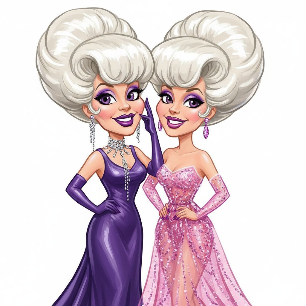 cute caricature glossy acrylic oil, mary engelbreit, full body view Two glamorous women with voluminous platinum blonde hair, styled in vintage-inspired bouffants, stand close together. The mature woman on the left wears a bold purple eyeshadow, deep purple lipstick, and a dramatic diamond collar with long dangling chains. She wears a dress in satin purple and matching long gloves, with her hand gently touching the other woman's face. The woman on the right, younger with flawless skin, reflects the purple makeup look with smoky eyes and shiny lips and wears a transparent, embellished pink dress. Both have long, manicured nails painted in coordinating purple Render in Native 4 K.  oil painting, white background