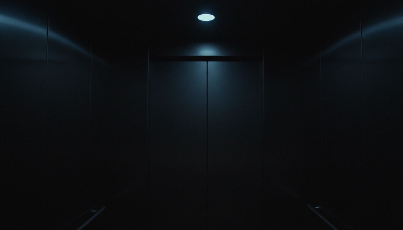 Focuses on women's belly Button in dark black elevator with lights off stay in dark locked out only without mirror or elevator can get out