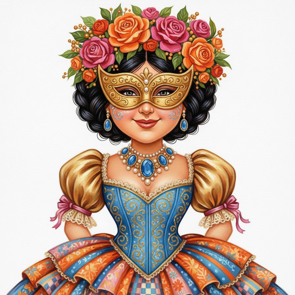 cute caricature glossy acrylic oil, mary engelbreit, Woman in Venetian masquerade attire has dark braided hair adorned with an elaborate golden mask and a floral headdress with orange and pink roses. Her makeup includes elaborate silver face paint around her eyes and a subtle smile. She wears a striking necklace with large blue gemstones and a layered dress with a striking blue corset and embellished gold sleeves with ruffled cuffs. The dress itself is a rich tapestry of patterns in orange, blue and pink..Rendering in Native 4K. ,oil painting, white background