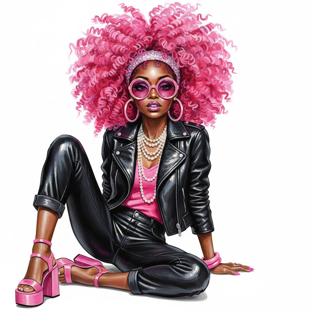 cute caricature glossy acrylic oil, mary engelbreit, full body view, afro Woman sitting on the floor with one knee up and the other leg outstretched. She has voluminous, curly, bright pink hair adorned with a glittering headband. She wears pink round sunglasses, large hoop earrings and layered pearl necklaces. Her makeup is bold with purple eyeshadow, long eyelashes and shiny lips. She wears a black leather jacket over a pink top and matching black leather trousers rolled up at the cuffs. She has pink platform sandals with chunky heels and matching pink bracelets and anklets. oil painting, white background
