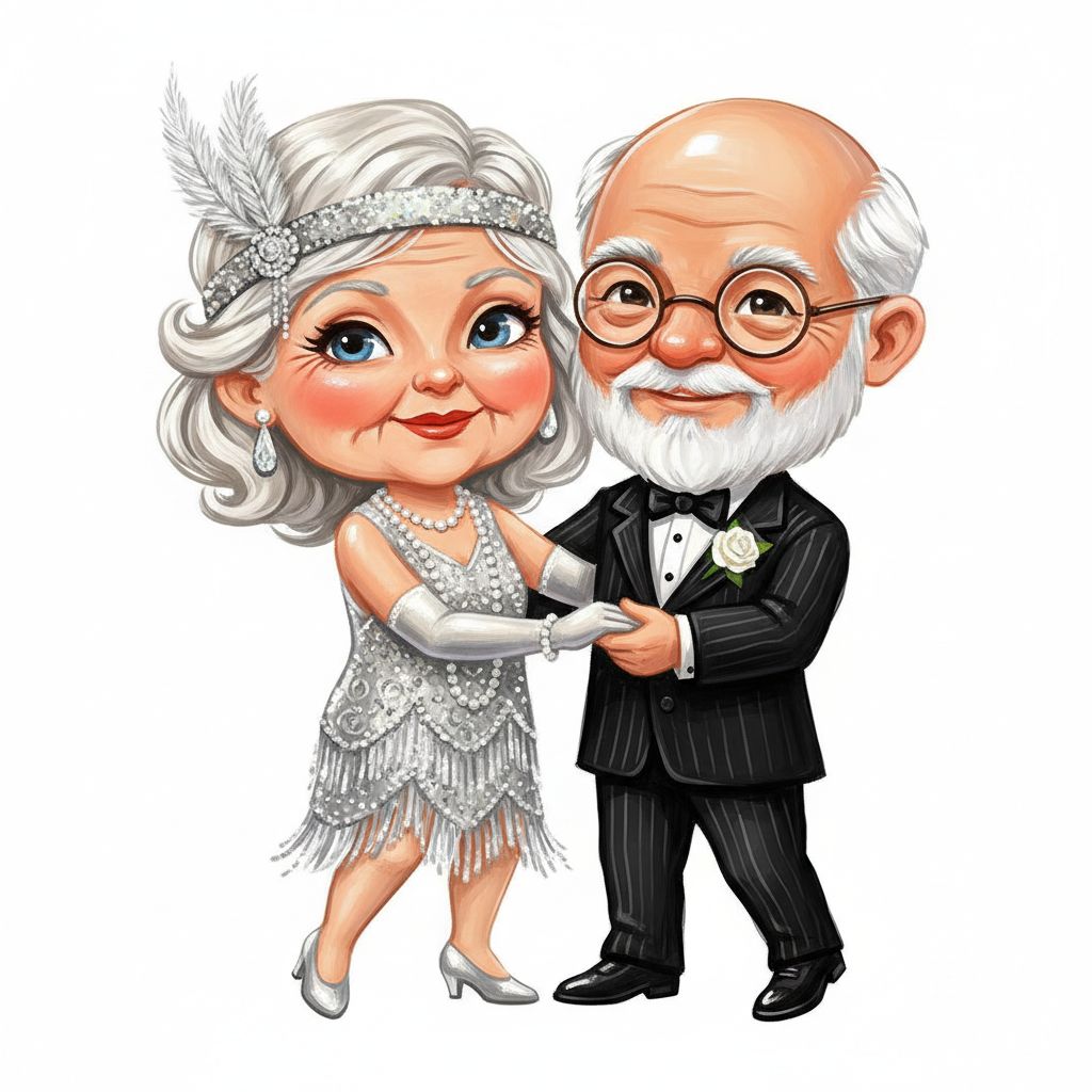 cute caricature glossy acrylic oil, mary engelbreit, chibi lovely older couple dancing gracefully. The elderly woman, with soft white-grey hair styled in elegant waves, wears a sparkling silver flapper-style headband with a decorative feather, a shimmering silver fringe dress elaborately decorated with pearls and sequins, a long pearl necklace, and elegant opera gloves. She has rosy cheeks, clear blue eyes and a joyful, gentle smile. Wearing an elegant black pinstriped suit jacket over a fresh white shirt, a black bow tie and a white rose boutonniere on the lapel, the lively older man with a well-groomed white beard and round glasses exudes a warm, contented smile. They hold hands in the middle of the dance and look towards the viewer..Rendering in Native 4K. ,oil painting, white background