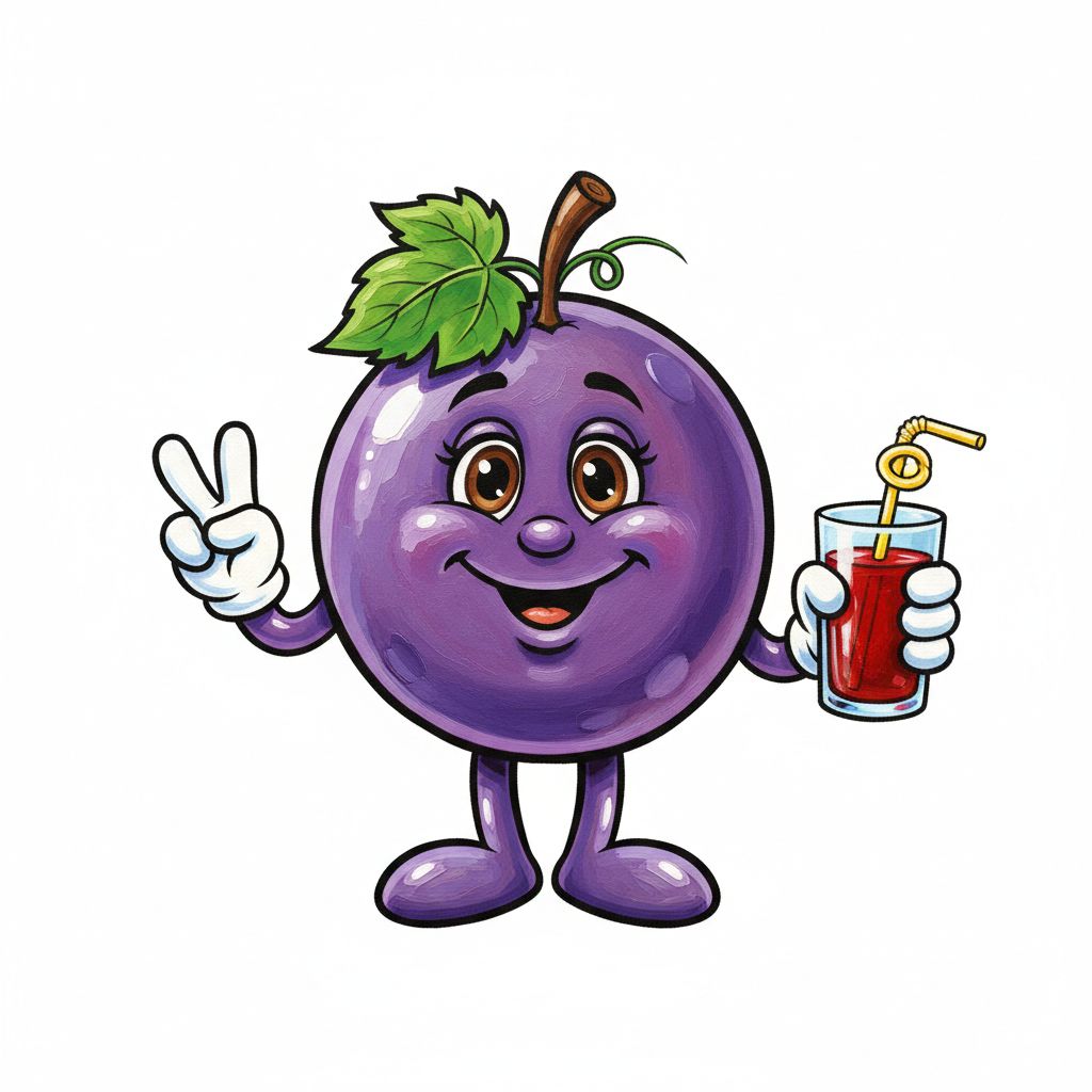 cute caricature glossy acrylic oil, mary engelbreit, full body view, anthropomorphic purple grape with large, expressive brown eyes, a smiling mouth and white gloved hands. The grape has two green leaves at the top of its brown stem. It makes a peace sign with its left hand and holds a glass of red juice with a yellow straw in its right hand. The grape's shiny, rounded surface and exaggerated features give it a playful, cheerful appearance.   oil painting, white background