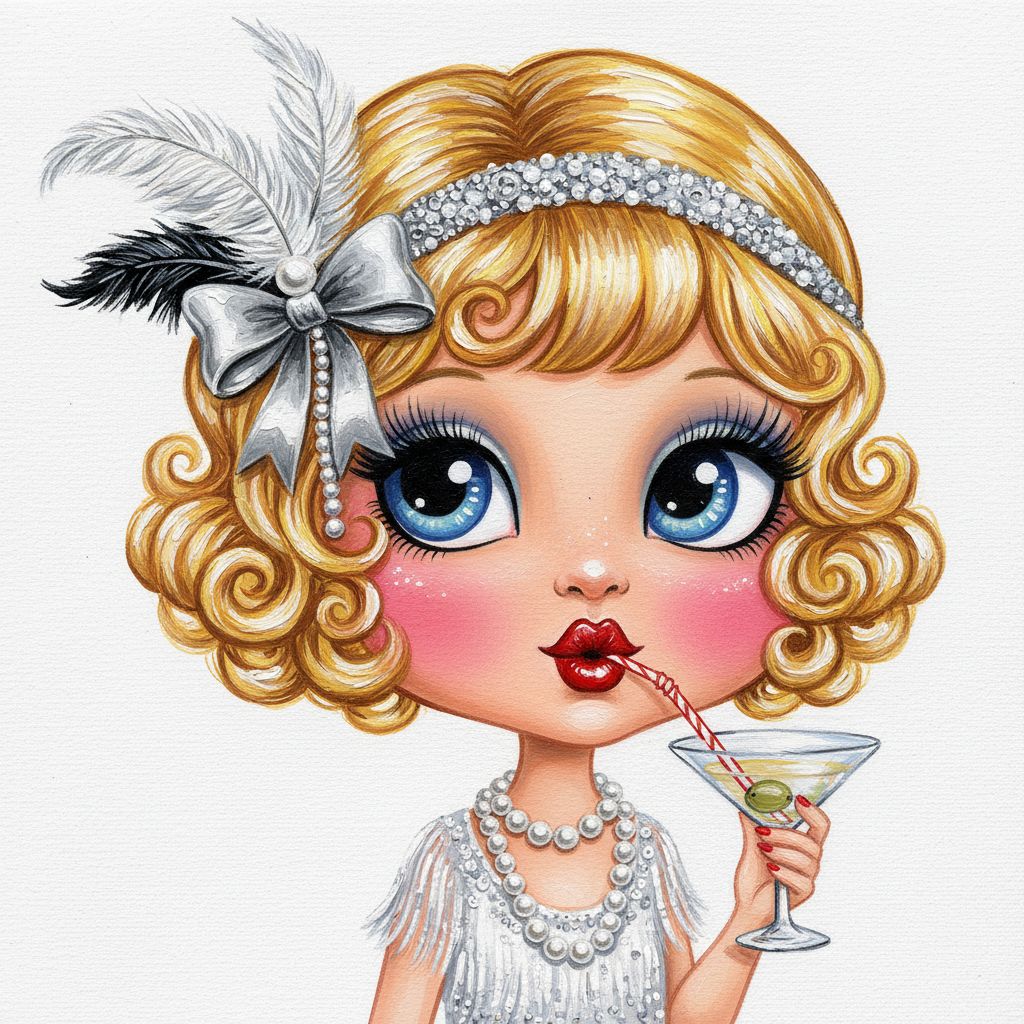 cute caricature glossy acrylic oil, mary engelbreit,cute blonde cartoon girl with big eyes in 1920s flapper style. She has elaborate curly blonde hair, a large hair accessory with feathers, beads and a metallic bow on the left side, heavily made-up eyes with long eyelashes, rosy cheeks and red lips. She is seen holding a martini glass to her lips with a straw and wearing a multi-strand pearl necklace and a white flapper-style dress. .Rendering in Native 4K. oil painting, white background