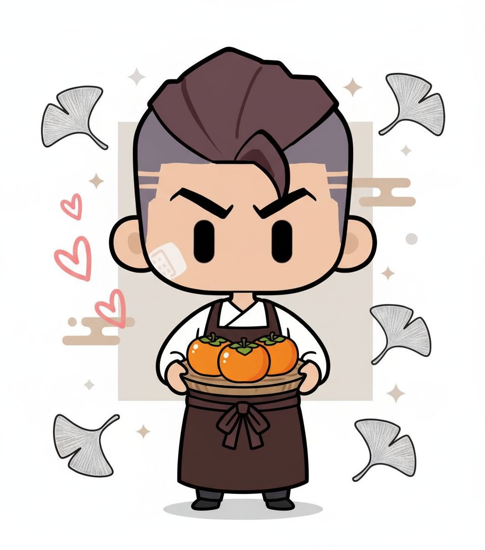 Q 版卡通风格插画，画面中心角色身着白色衬衫与深棕色围裙，双手捧着装有几颗橙色柿子的木盘。背景为白色，带有银杏叶、几何纹理的装饰元素，左侧点缀粉色爱心图案。整体配色以暖橙、棕、白、粉为主，风格可爱活泼，构图聚焦人物，营造出温馨有趣且带有秋日柿子元素的治愈氛围。