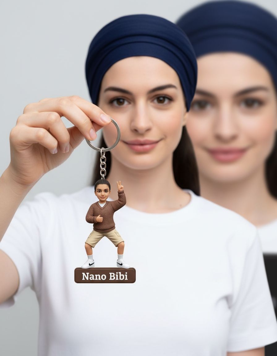 A sikh woman ( exactly matched face) holds a keychain in the shape of a miniature of herself. The miniature is very realistic, wearing a brown sweater, beige shorts, and white Nike shoes.  The miniature stands on its palms, raising its right hand in a peace sign pose. The keychain is brown with the word 'Nano BiBi' written in white. The background is blurred with a smiling real woman wearing the same white t-shirt, so the miniature looks identical to her.