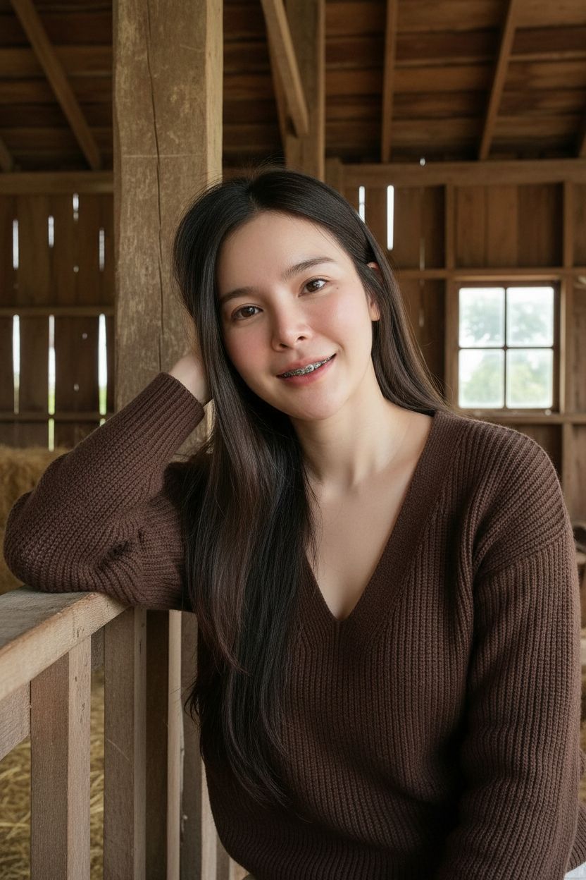 (Use the same face, do not change the face) Close-up selfie, Low camera angle with upward tilt, only the upper half of the body is seen. She wears a deep and wide neck shirt. See the details of the skin and pores clearly. Change the background to rustic, change her posture.