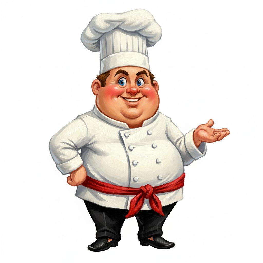 cute caricature A stylized, cartoonish chef figure with a confident and cheerful expression, wearing a traditional chef's outfit and a red sash tied around his waist. He also wears black loose-fitting trousers and traditional black shoes. His pose is relaxed, with one hand resting on his hip and the other hand stretched slightly forward. .  oil painting, white background,