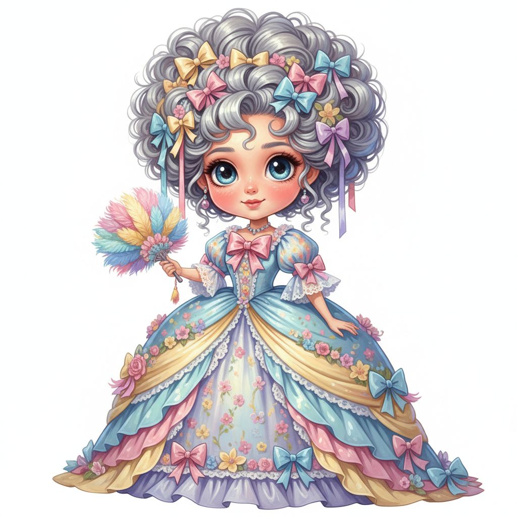 cute caricature glossy acrylic oil, full body view, young woman as princess has large, expressive blue eyes, rosy cheeks and a gentle smile. Her hair is made of voluminous, curly silver hair decorated with pastel-colored ribbons and bows. She wears a luxurious, layered ball gown in pastel shades of blue, pink, yellow and lavender, decorated with floral patterns, bows and ruffles. The dress features puff sleeves with lace trim, a fitted top with a pink bow at the neckline, and a wide, flowing skirt with floral embellishments and bows. In her right hand, she holds a delicate, multicolored feathered fan. Oil painting, white background