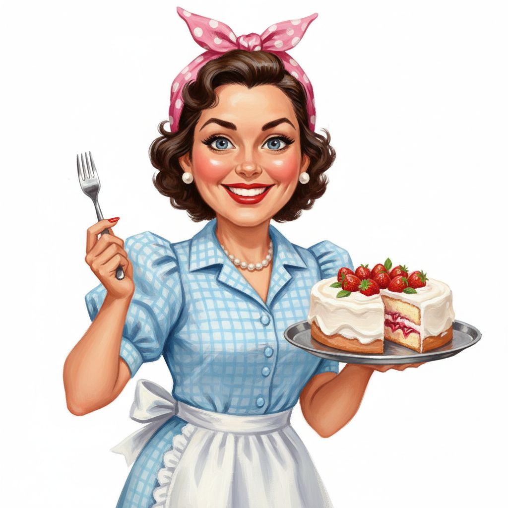 cute caricature An illustrated vintage-style portrait of a cheerful woman with fair skin and bright blue eyes, styled in the style of the 1950s. She has dark curly hair and a pink dotted headscarf tied with a bow at the top. She wears a light blue puff-sleeved gingham blouse, a white apron, and a pearl necklace. She holds a silver fork in her right hand and a round cake on a silver tray in her left hand. The cake is decorated with white icing and fresh strawberries and a layer of strawberry filling is visible on the sides. oil painting, white background