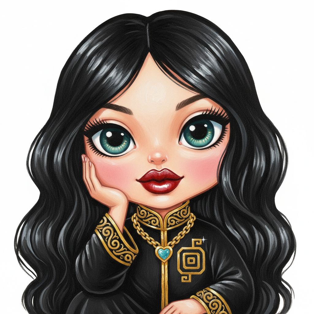 cute caricature glossy acrylic oil, mary engelbreit, chibi A young woman with striking features. She has long, flowing black hair, large, expressive blue-green eyes with dramatic winged eyeliner and thick eyelashes, and full, glossy lips. She rests her chin on her hand and blushes on her cheeks. She wears a traditional black garment decorated with intricate gold embroidery on the neckline and cuffs, as well as a gold necklace with pendant and a small heart-shaped gemstone. A geometric gold symbol is visible on the left side of her garment. ..Rendering in Native 4K. ,oil painting, white background