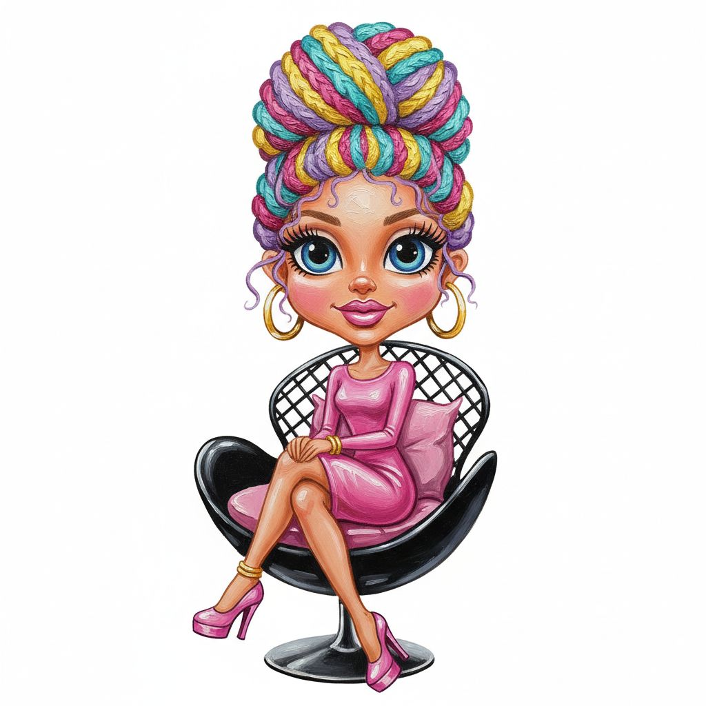 cute caricature glossy acrylic oil, mary engelbreit, full body view,
A cute, stylized cartoon girl with big, expressive blue eyes and long, dramatic eyelashes, sitting on a modern black egg-shaped chair with a wire mesh backrest. She has a confident expression with pink lips and a small nose. Her hair is styled with thick, colorful braids in shades of pink, purple, gold, and blue, stacked into a large, voluminous bun on her head. She wears large gold hoop earrings, a shiny pink dress that fits snugly, gold bangles on her ankles, and matching pink high heels. . Rendering in Native 4K. oil painting, white background