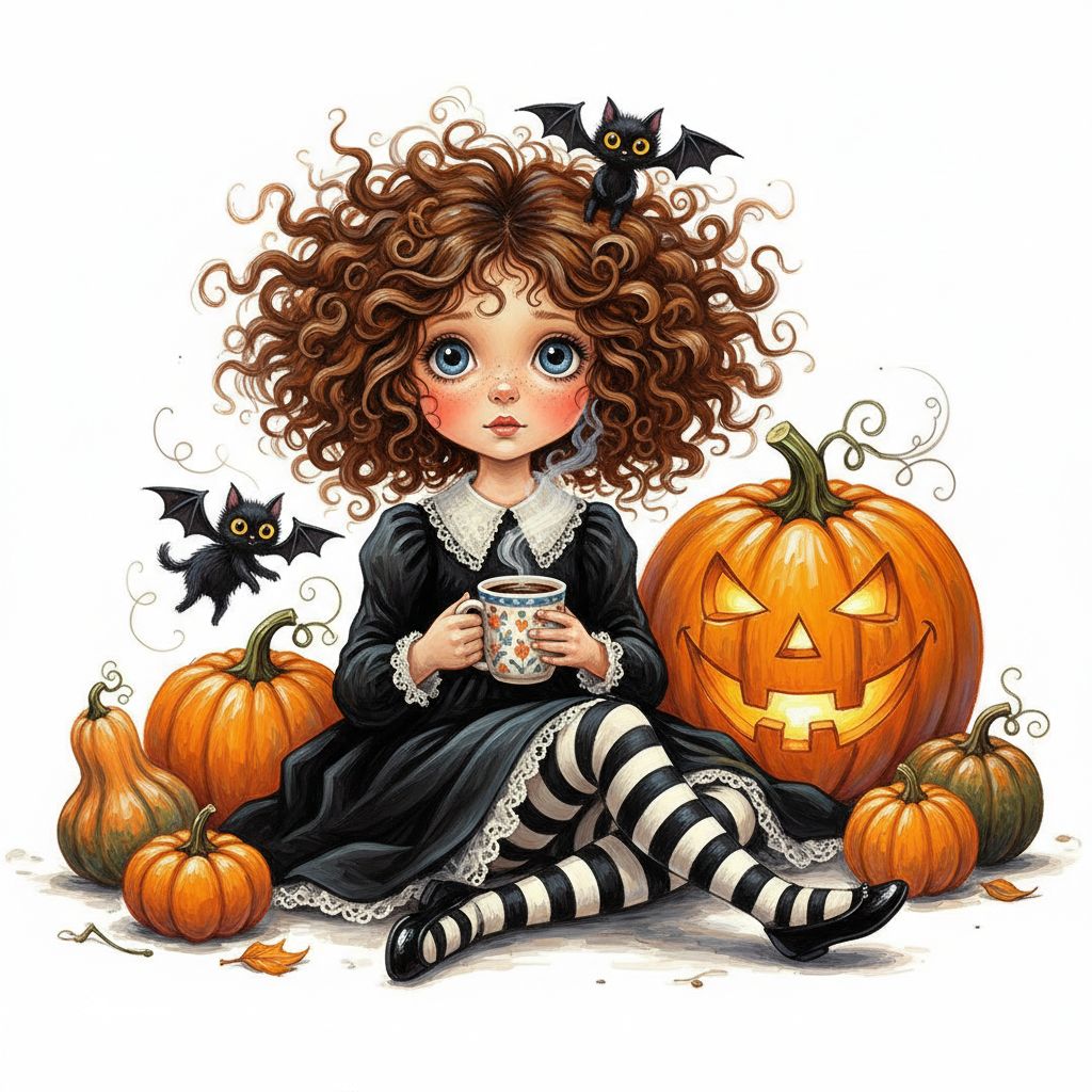 cute caricature glossy acrylic oil, mary engelbreit, full body view, Halloween scene with a young girl with wild, voluminous, curly brown hair, big blue eyes and a slightly dazed expression. She wears a black dress with lace details and black and white striped tights and sits on the floor with one leg crossed over the other. In her right hand she holds a steaming cup of coffee. Around them are several pumpkins, including a large, carved jack-o'-lantern with a mischievous grin and glowing eyes, and smaller pumpkins scattered around. A small black bat with yellow eyes sits on the large pumpkin, and nearby flies a tiny black cat with yellow eyes and bat wings. oil painting, white background