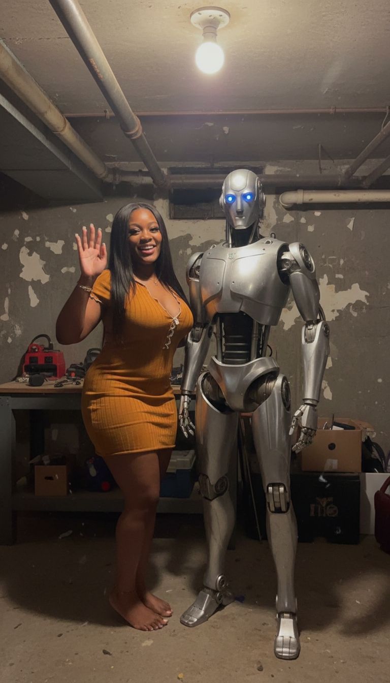 Five foot Six Woman stands Waving Next to Five Foot Eight Robot in the Basement
