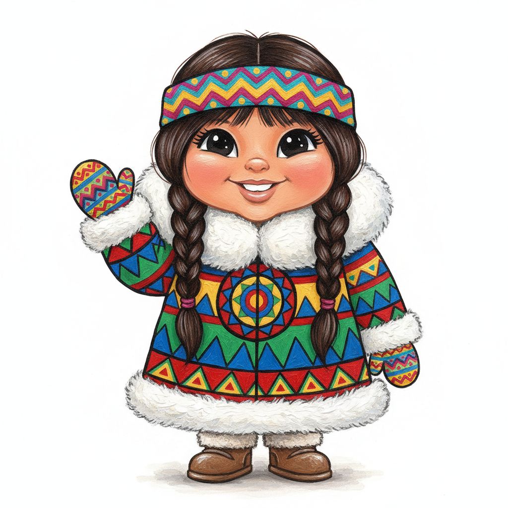 cute caricature glossy acrylic oil, mary engelbreit, full body view cartoonish figure of a young Eskimo girl with a cheerful demeanor. She has long, dark hair styled in two braids and adorned with a colorfully patterned headband. Her outfit is a traditional, intricately designed coat with vibrant geometric patterns in red, blue and green and a fluffy white trim around the sleeves and collar. The design of the coat includes circular motifs and triangular shapes, which enhances its cultural richness. The girl stands with her hand raised in a friendly wave, showing her radiant, expressive face with large, sparkling eyes and a warm smile. She wears sturdy brown boots suitable for cold weather, and her overall posture exudes a sense of joy and kindness. . oil painting, white background