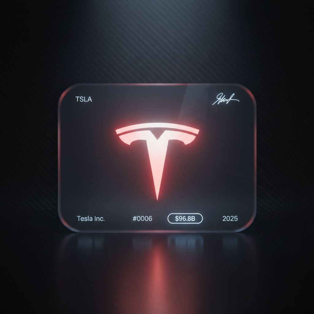 {
    "prompt": "A futuristic trading card with a dark, moody neon aesthetic and soft sci-fi lighting. The card features a semi-transparent, rounded rectangle with slightly muted glowing edges, appearing as if made of holographic glass. At the center is a large glowing logo of {{logo}}, with no additional text or label, illuminated with a smooth gradient of {{colors}}, but not overly bright. The reflections on the card surface should be subtle, with a slight glossy finish catching ambient light. The background is a dark carbon fiber texture or deep gradient with soft ambient glows bleeding into the edges. Add subtle light rays streaming down diagonally from the top, giving the scene a soft cinematic glow. Apply light motion blur to the edges and reflections to give the scene a sense of depth and energy, as if it's part of a high-end tech animation still. Below the card, include realistic floor reflections that mirror the neon edges and logo—slightly diffused for a grounded, futuristic look. Text elements are minimal and softly lit: top-left shows '{{ticker}}', top-right has a stylized signature, and the bottom displays '{{company_name}}' with a serial number '{{card_number}}', a revenue badge reading '{{revenue}}', and the year '{{year}}'. Typography should have a faint glow with slight blurring, and all elements should feel premium, elegant, and softly illuminated—like a high-end cyberpunk collectible card.",
    "style": {
        "lighting": "Neon glow, soft reflections",
        "font": "Modern sans-serif, clean and minimal",
        "layout": "Centered, structured like a digital collectible card",
        "materials": "Glass, holographic plastic, glowing metal edges"
    },
    "parameters": {
        "logo": "Tesla logo",
        "ticker": "TSLA",
        "company_name": "Tesla Inc.",
        "card_number": "#0006",
        "revenue": "$96.8B",
        "year": "2025",
        "colors": [
            "red",
            "white",
            "dark gray"
        ]
    },
    "medium": "3D render, high-resolution digital art",
    "size": "1080px by 1080px"
}