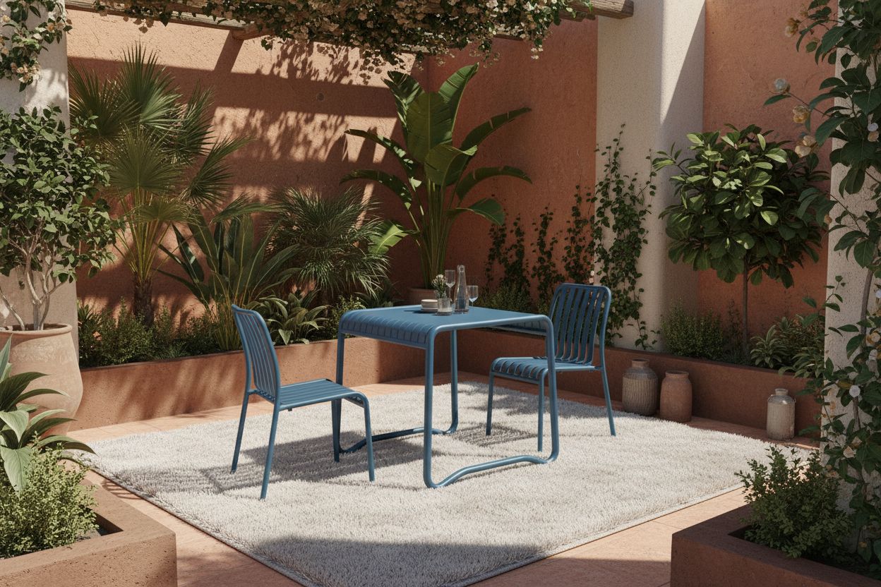 将图片放置我描述的场景里艺术风格：自然、有机的北非/地中海风格，强调使用天然材料和有机形态
构图：以中央的餐桌椅组合为视觉焦点，背景是几何感的土质建筑与垂直生长的植物，形成自然与人工的和谐对比
光线：明亮的自然光，充足的光线在地面和物体上投射清晰阴影，增强了场景的立体感和纹理细节
色彩：温暖的大地色系，包括赤陶色、沙色、米色和天然木色，与柔和的灰白色地毯和深绿色植物形成和谐对比
整体氛围：宁静、舒适、回归自然，营造出一种放松且精致的户外用餐氛围