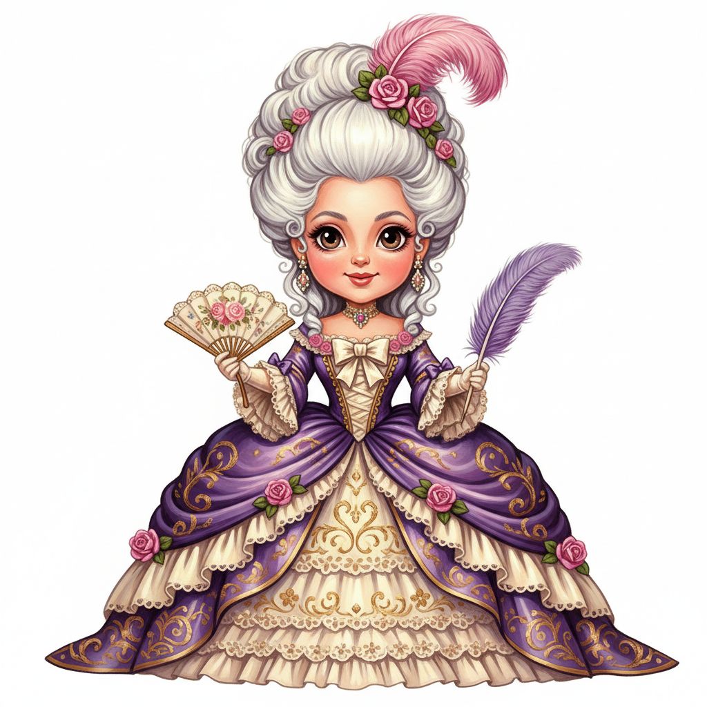 cute caricture glossy, mary engelbreit, full body, royal lady in an opulent dress inspired by 18th-century fashion. She stands there, holding a delicate fan in one hand and a feather in the other. The dress is made of layers of rich lavender and cream silk, adorned with intricate gold embroidery and lavish floral decorations. The bodice features elaborate lace details and accents, while the skirt features voluminous ruffles that blend purple and ivory tones. Her hairstyle is extravagant and elaborate, with large, curly white hair adorned with a pink feather and delicate roses.  .oil painting, white background