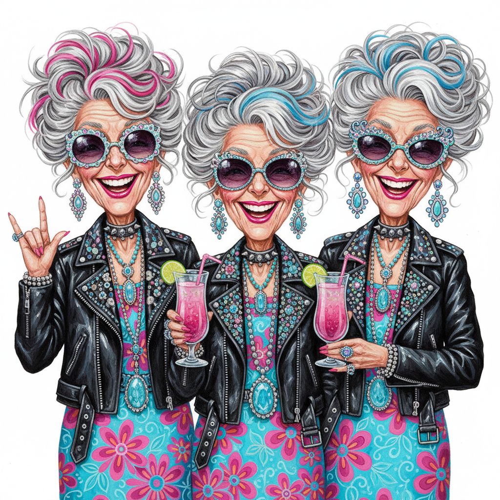 cute caricture glossy, mary engelbreit, full body view,Three older women with bright, exaggerated, silver, and pastel hair (pink stripes on the left, blue accents elsewhere) pose together, radiating joy and a rebellious, maximalist punk rock aesthetic. All three have deeply wrinkled, expressive faces that shine with a broad, toothy smile highlighted by electric neon pink lipstick. They wear heavily trimmed black faux leather motorcycle jackets layered over bright, intricately patterned turquoise and pink floral or psychedelic tops. They wear an excessive amount of elaborate, glittery jewelry, including large dangling earrings, studded collars, and several long necklaces with oversized turquoise and blue gemstone pendants. Her eyes are hidden behind large, decorative, whimsical sunglasses. The woman on the left shows a hand gesture with a „stone on“, while the women in the middle and right hold tall glasses with a bright pink cocktail, garnished with a lime wedge and a pink straw. oil painting, white background
