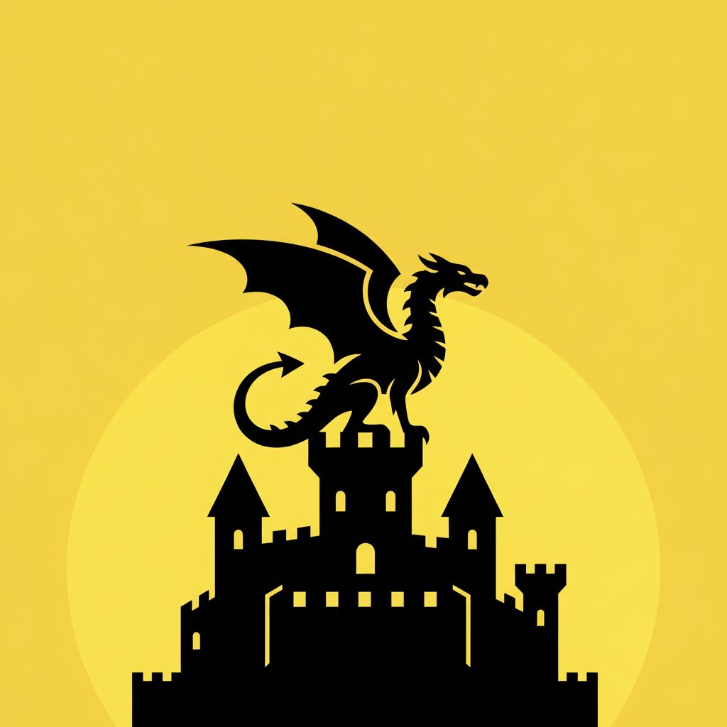 The silhouette of a basic outline of a {{A dragon on a castle}}. The background is bright yellow, and the silhouette is solid black.